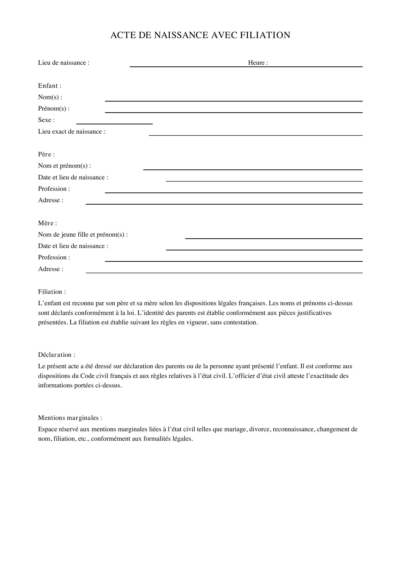 Acte De Naissance Avec Filiation Exemple