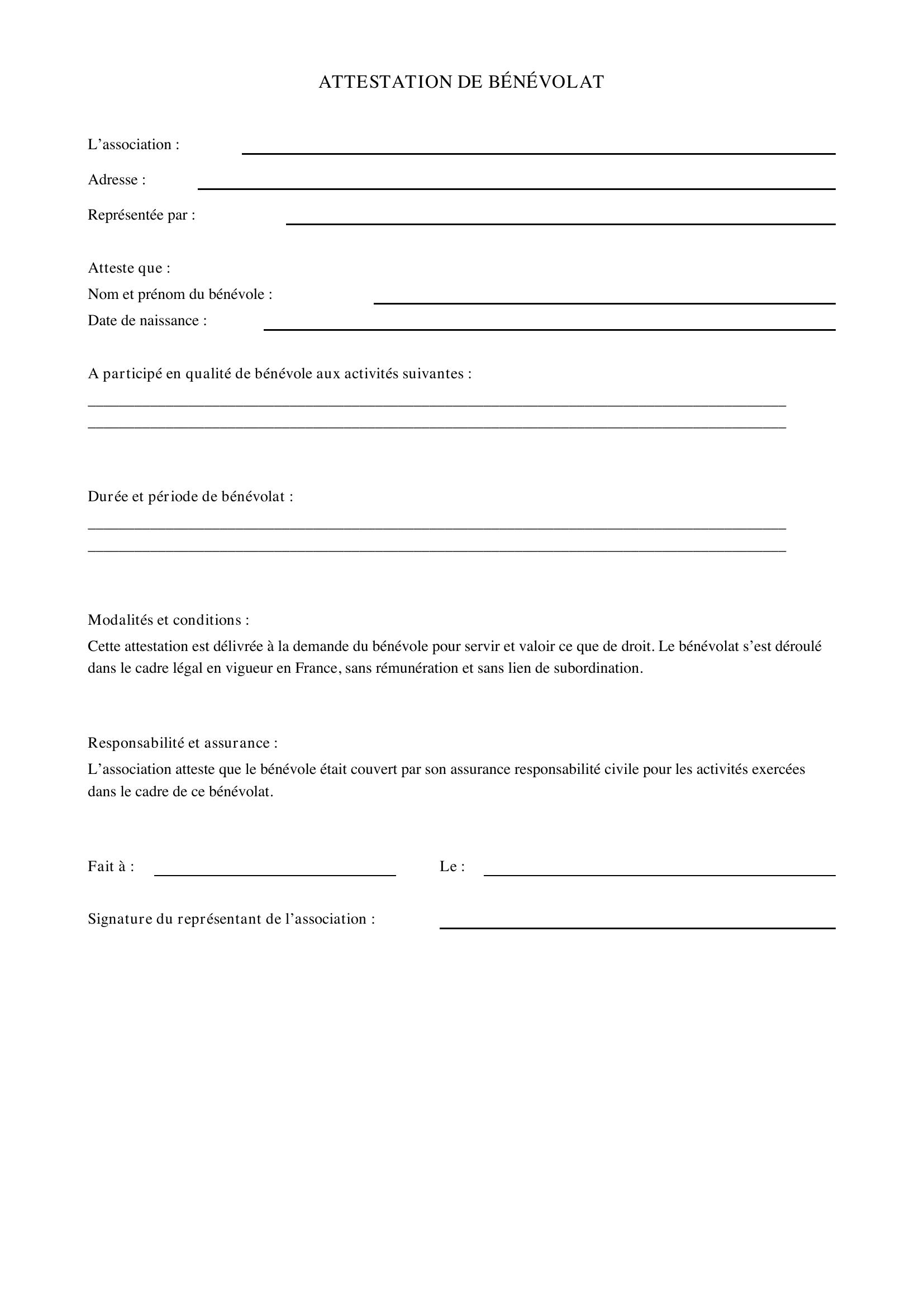 Attestation De Bénévolat