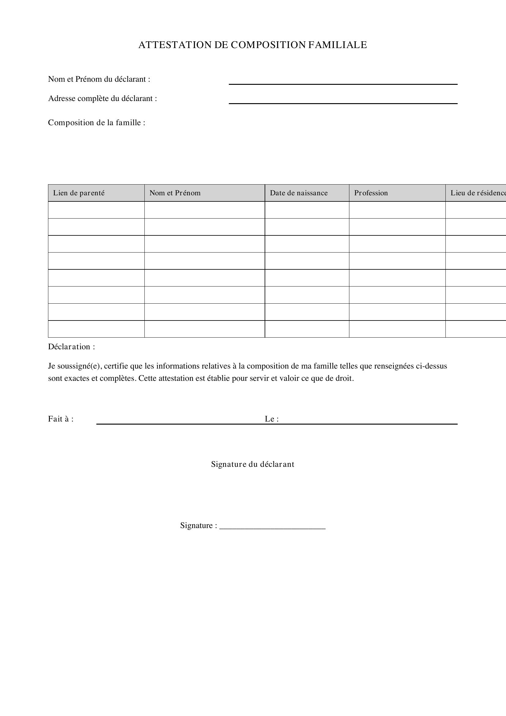 Attestation De Composition Familiale