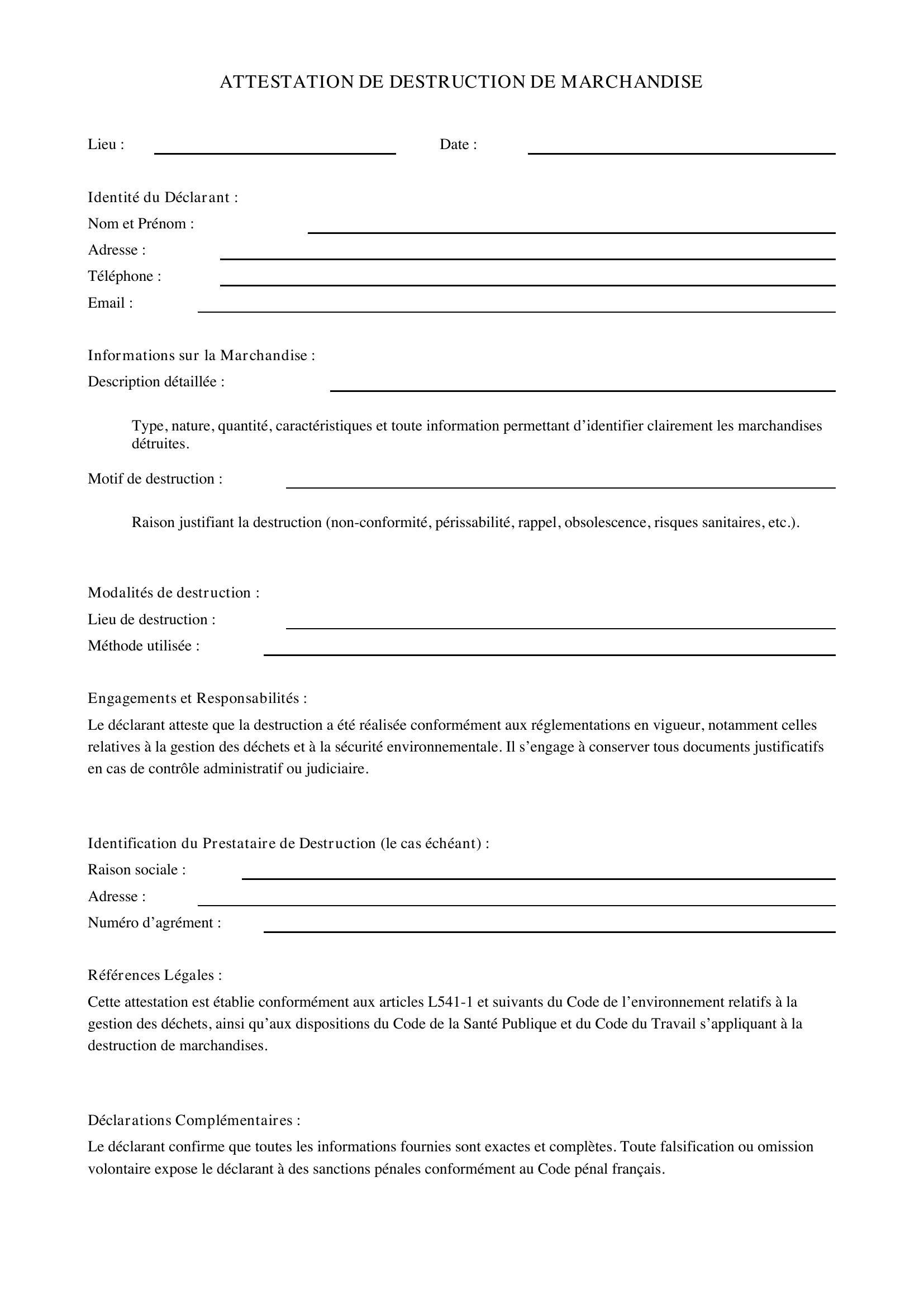 Attestation De Destruction Marchandise