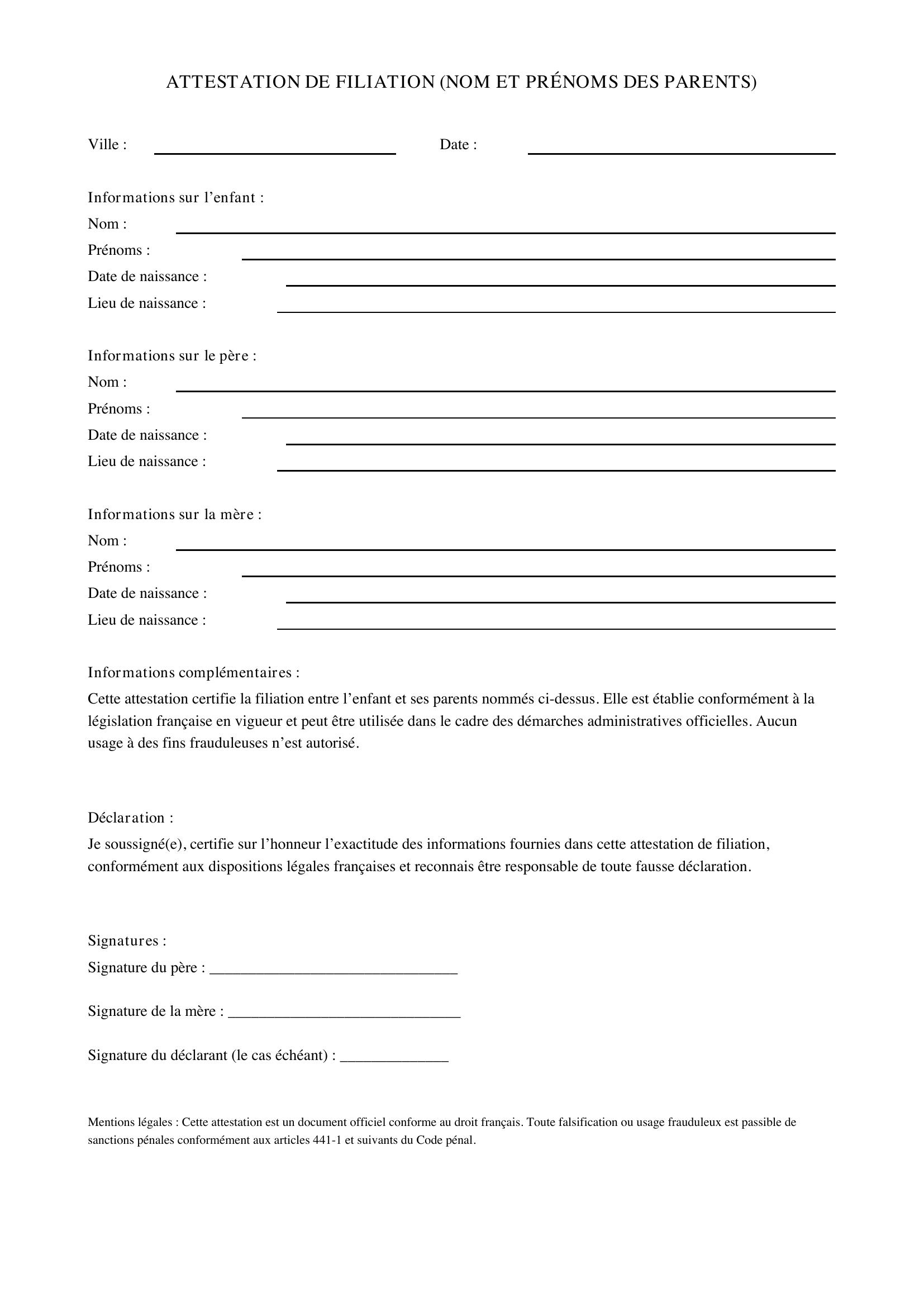 Attestation De Filiation (Nom Et Prénoms Des Parents)