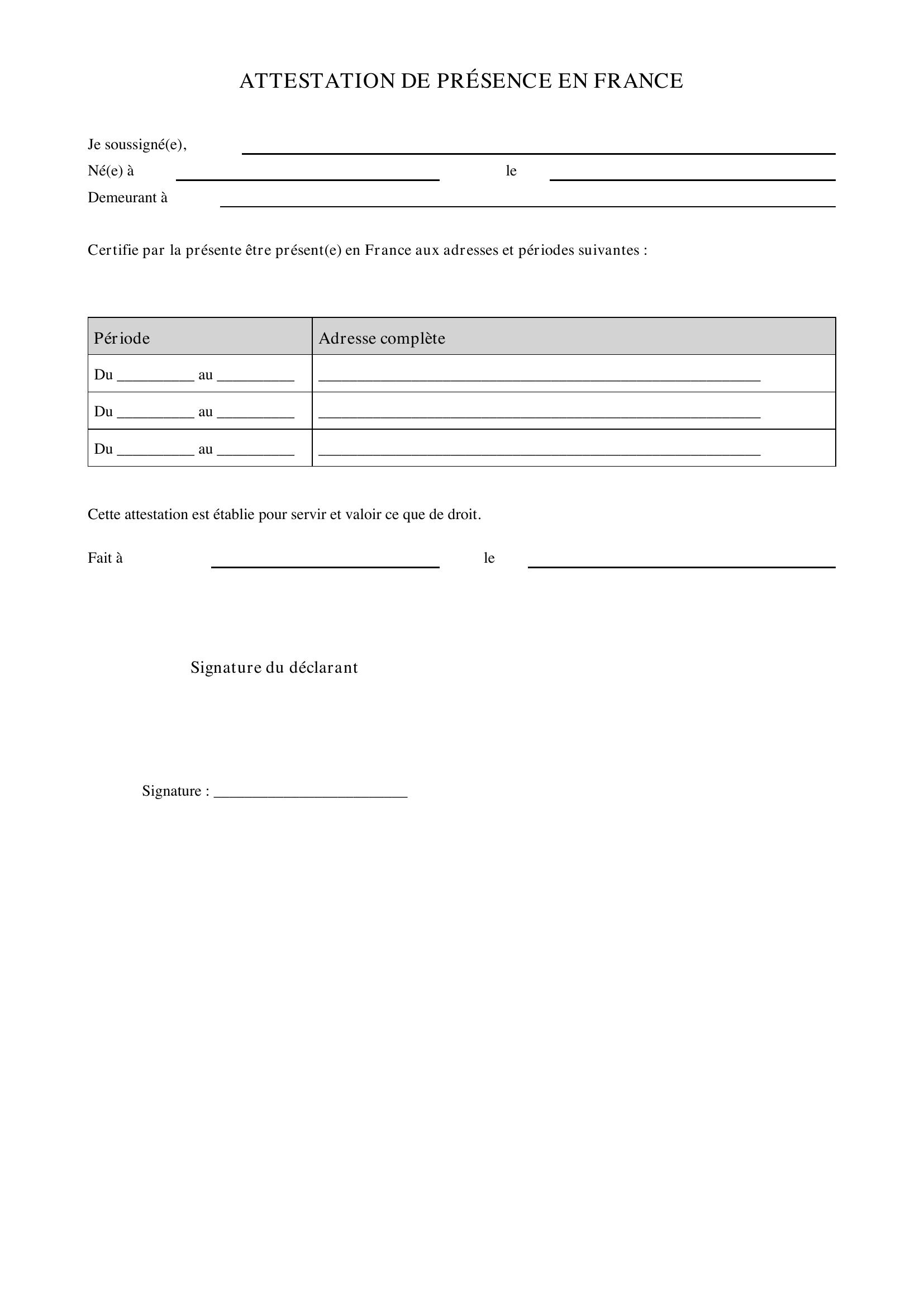 Attestation De Présence En France