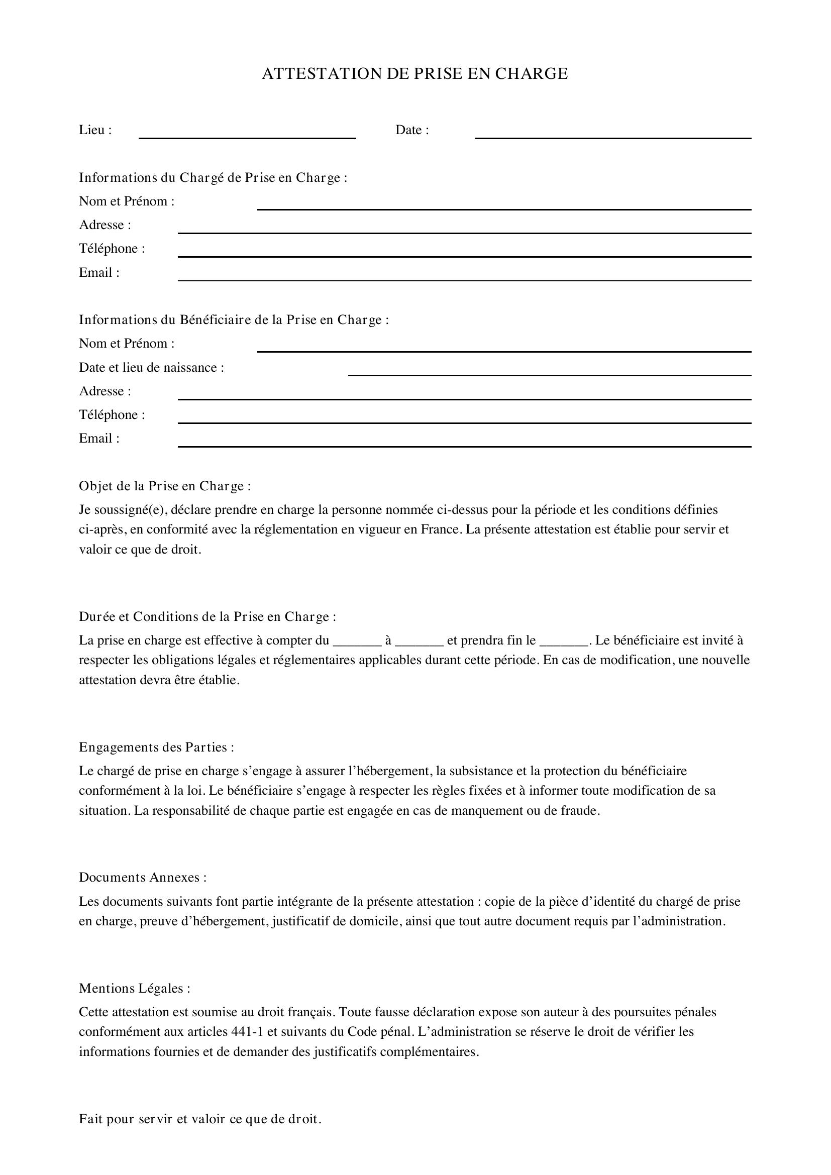 Attestation De Prise En Charge