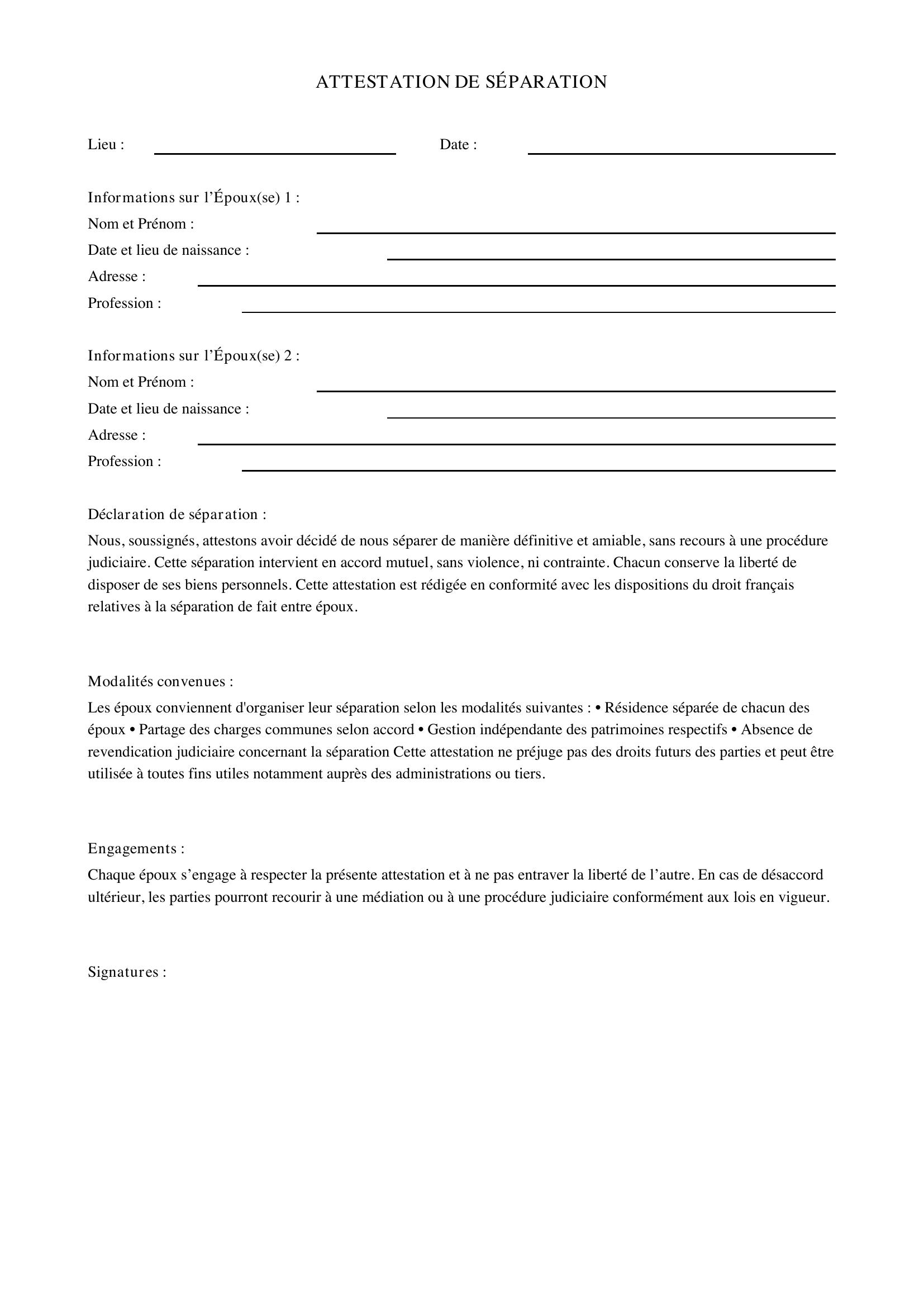 Attestation De Séparation