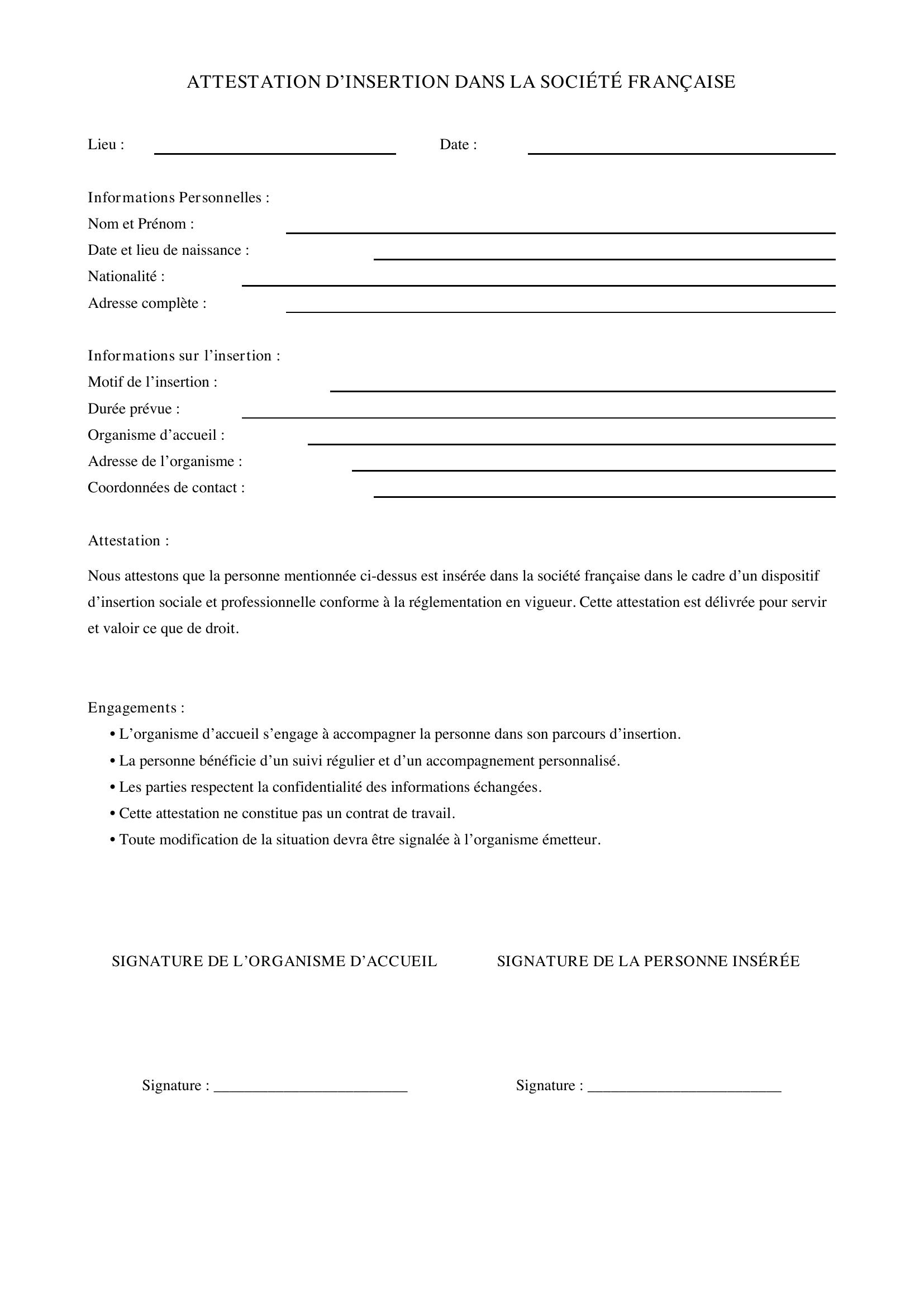 Attestation D'Insertion Dans La Société Française Exemple