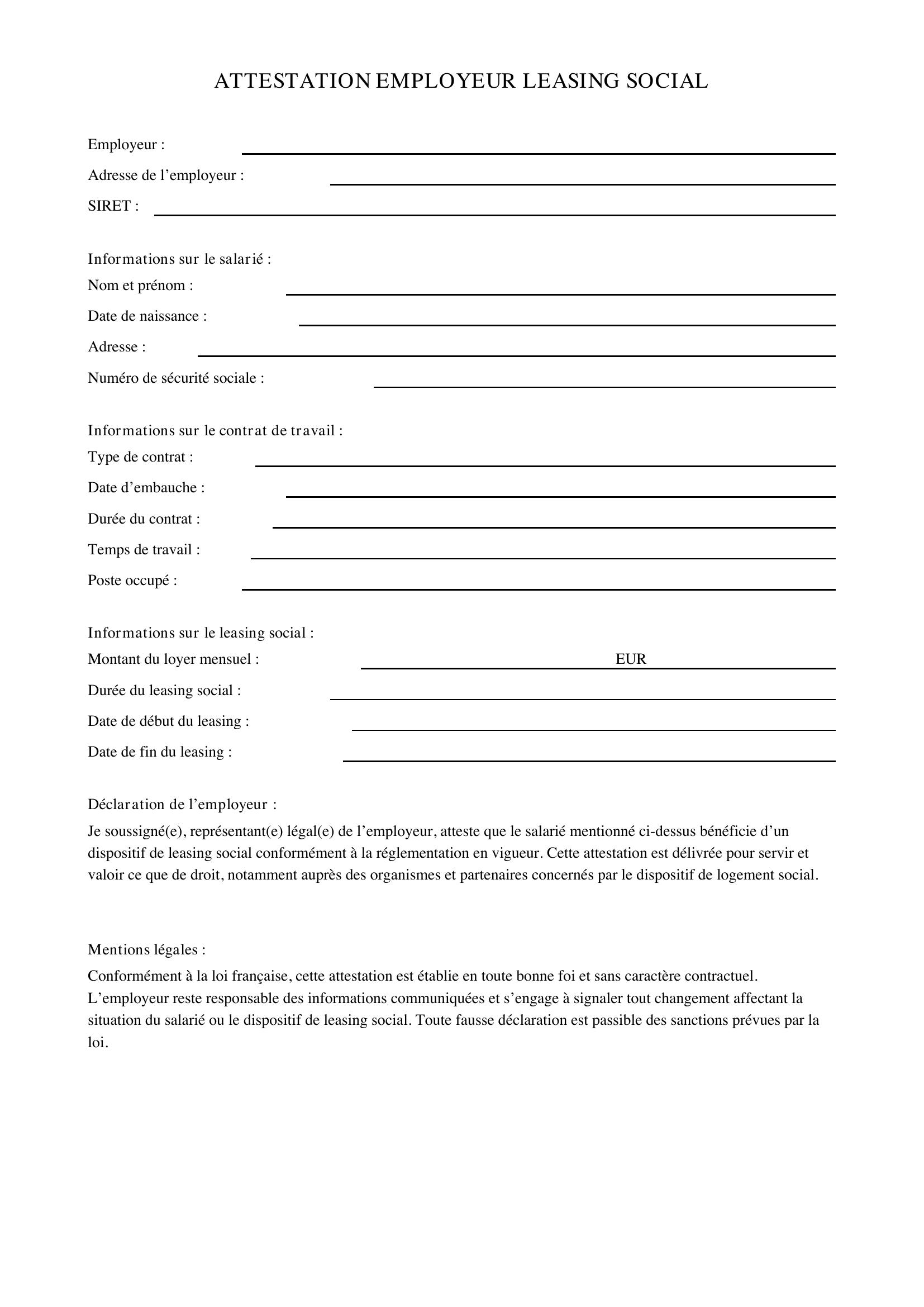 Attestation Employeur Leasing Social