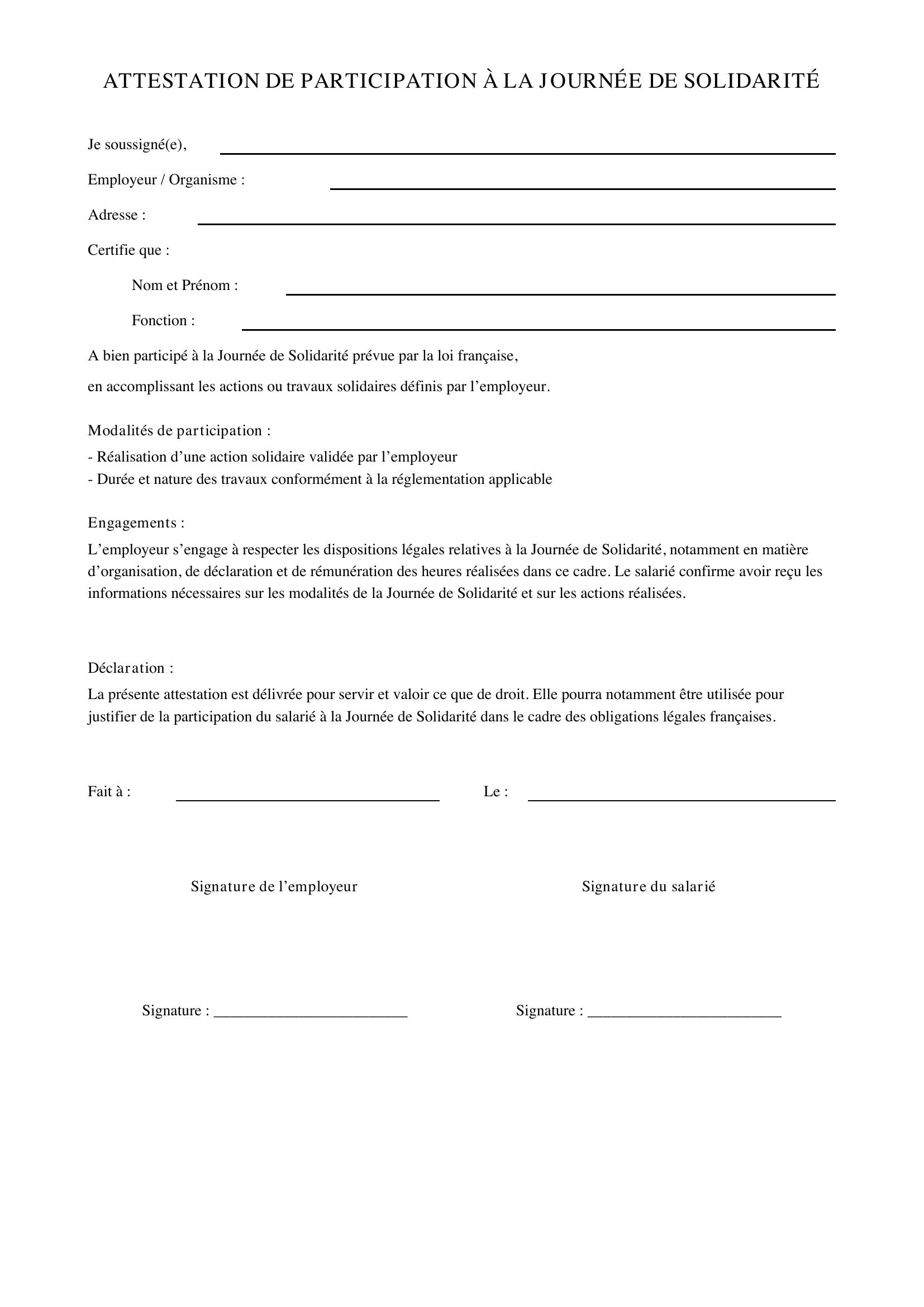 Attestation Journée De Solidarité