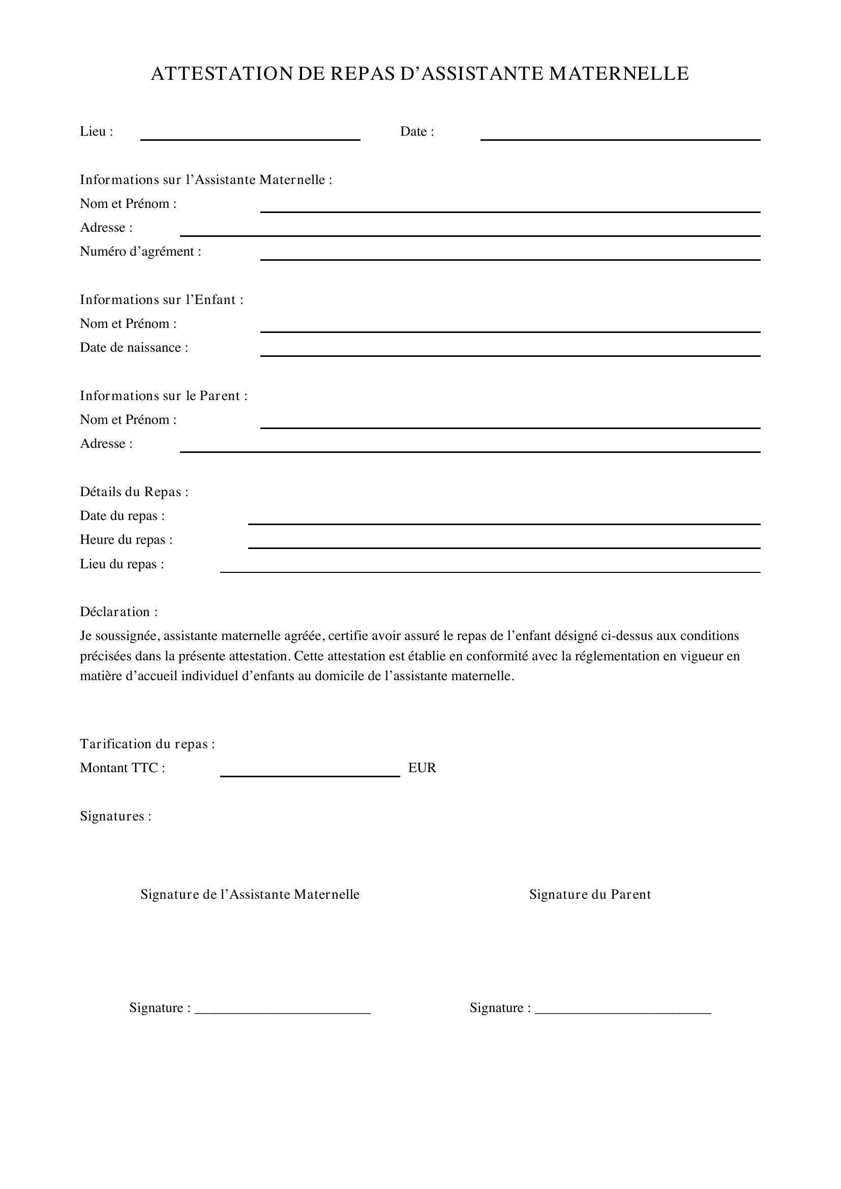 Attestation Repas Assistante Maternelle