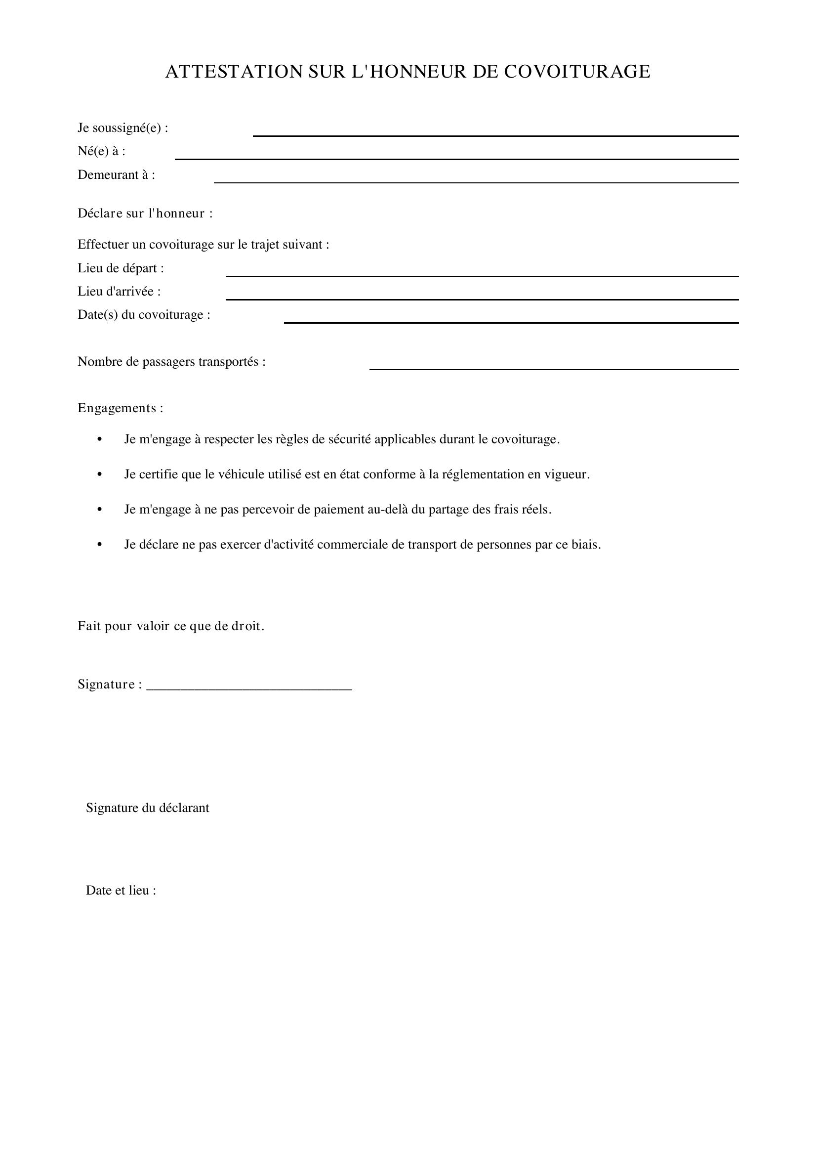 Attestation Sur L'Honneur Covoiturage