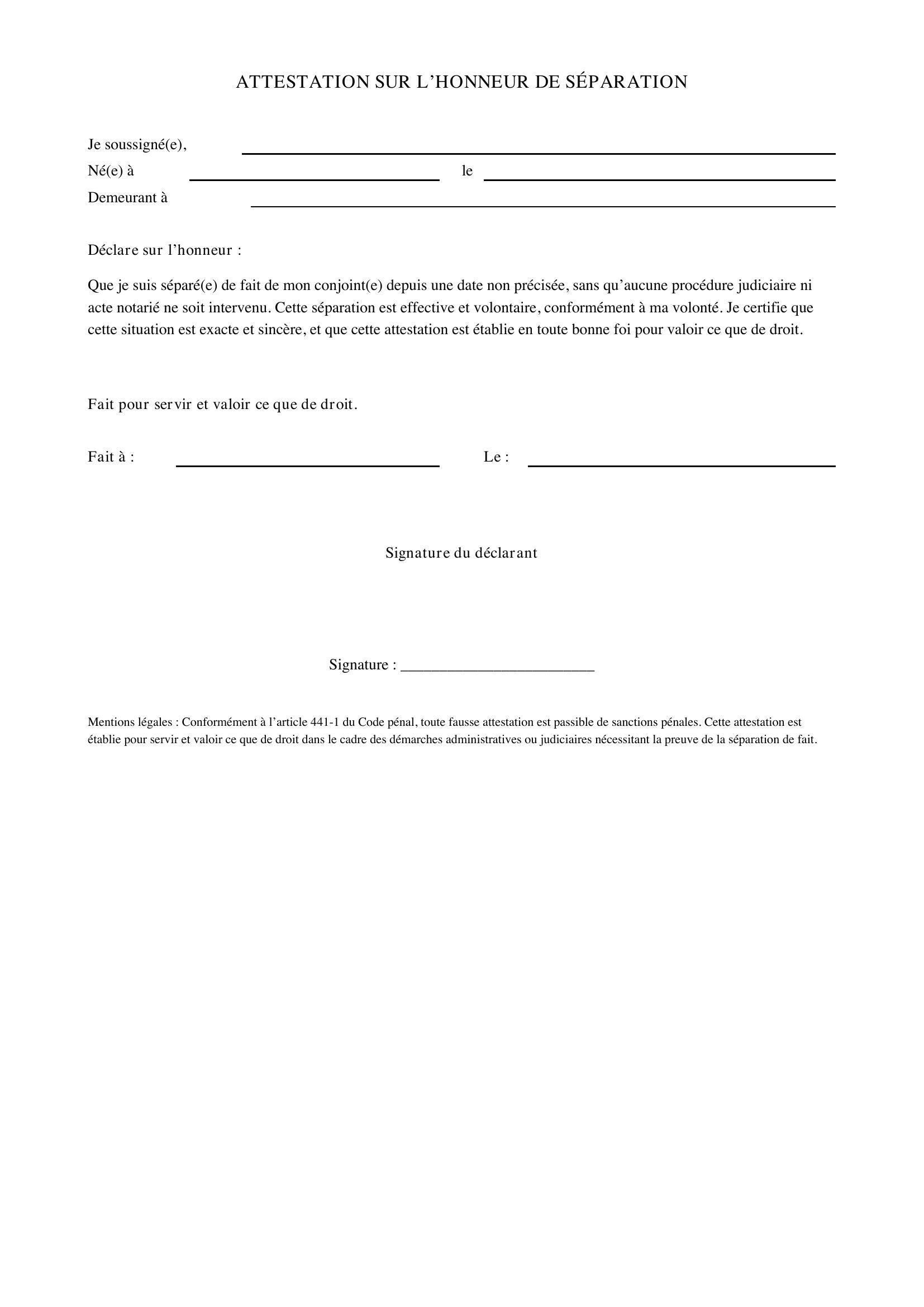 Attestation Sur L'Honneur De Séparation