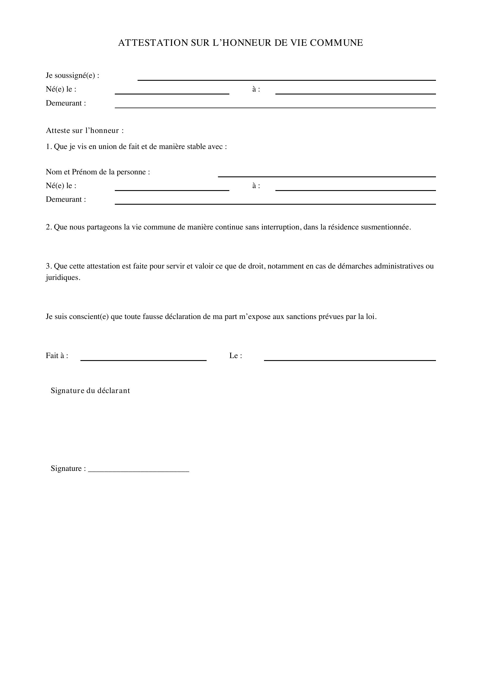 Attestation Sur L'Honneur De Vie Commune