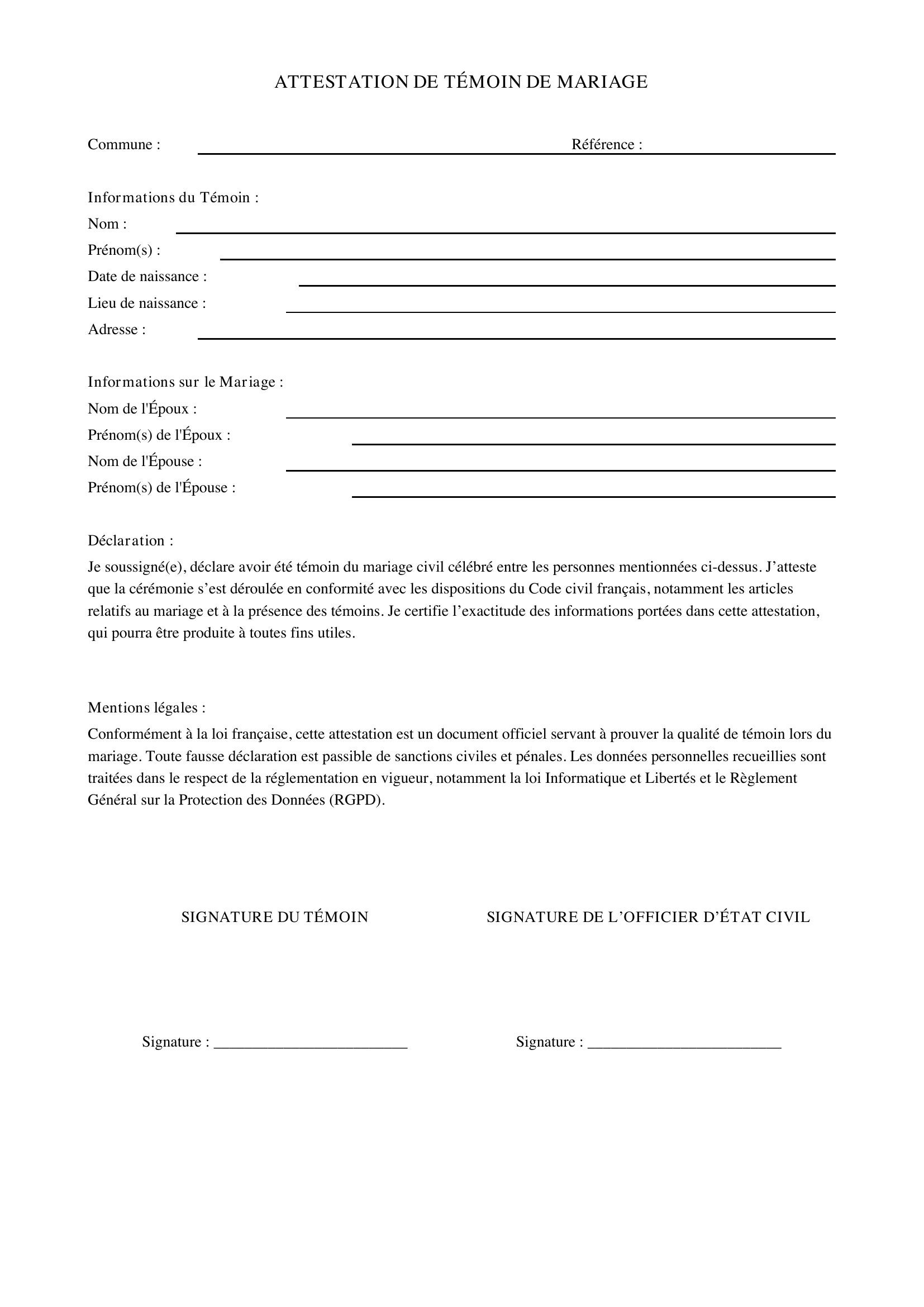 Attestation Témoin Mariage