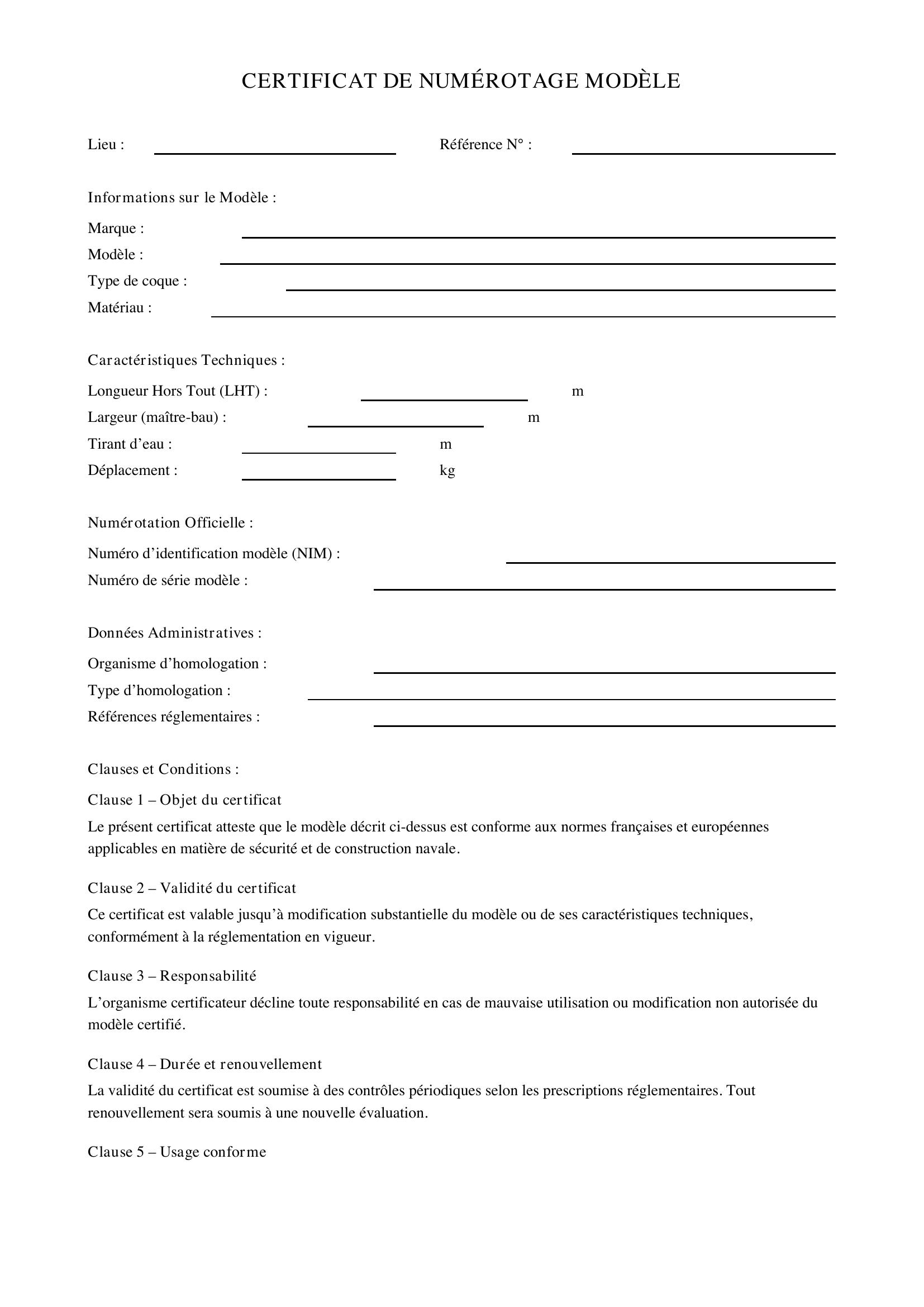 Certificat De Numérotage Modèle