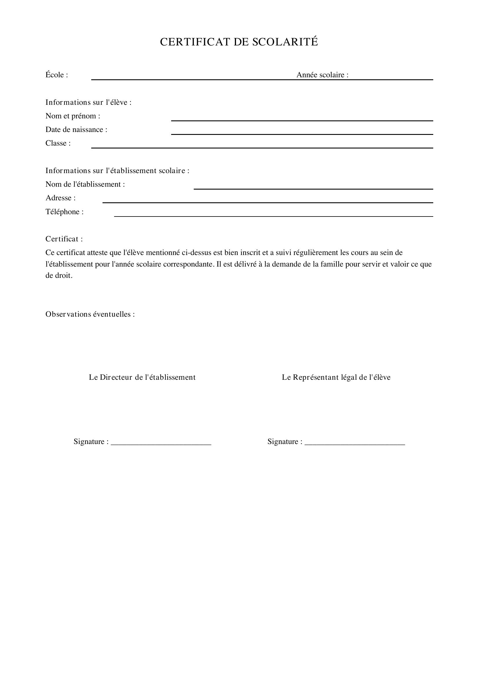 Certificat De Scolarité Modèle