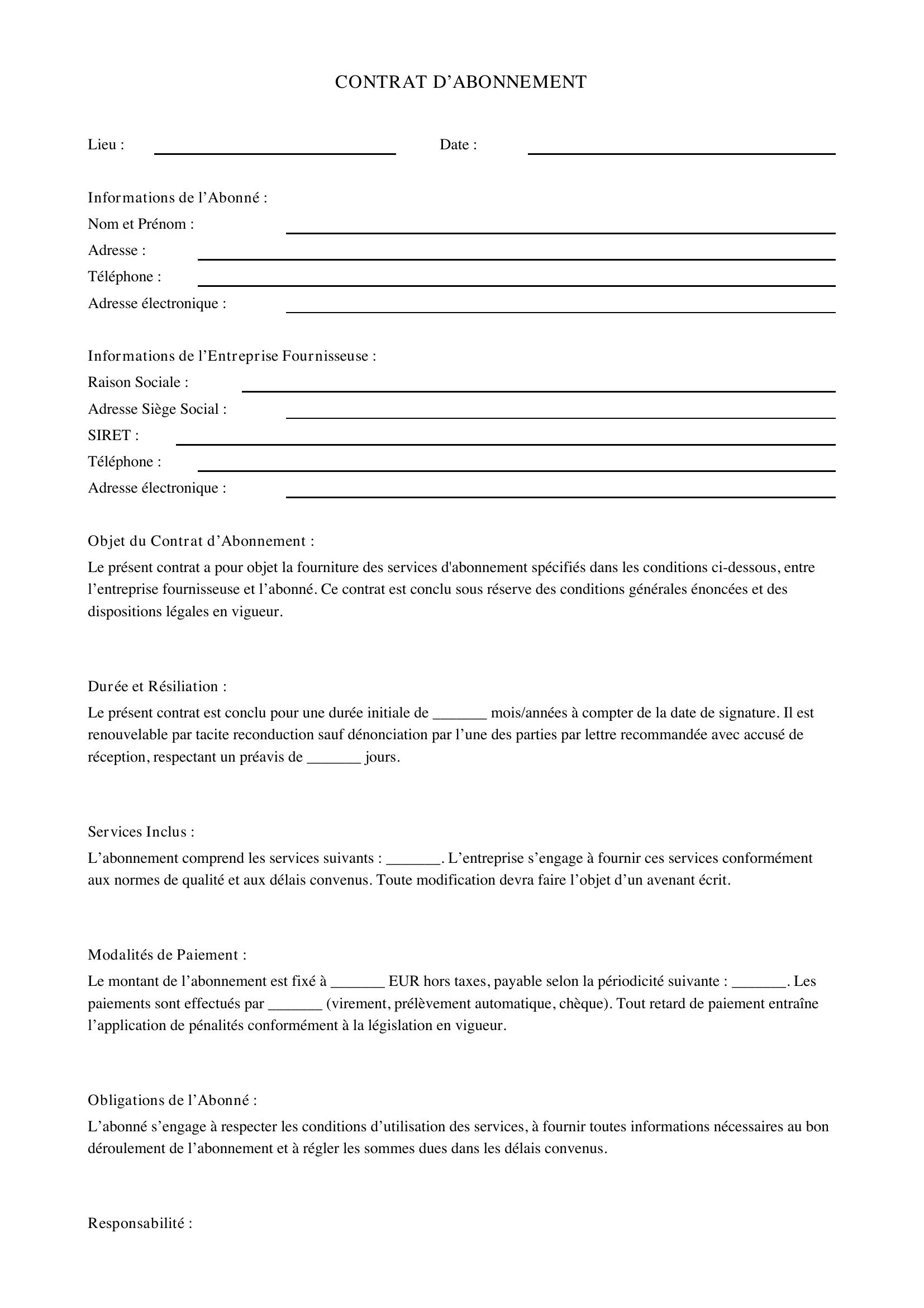 Contrat D'Abonnement Exemple
