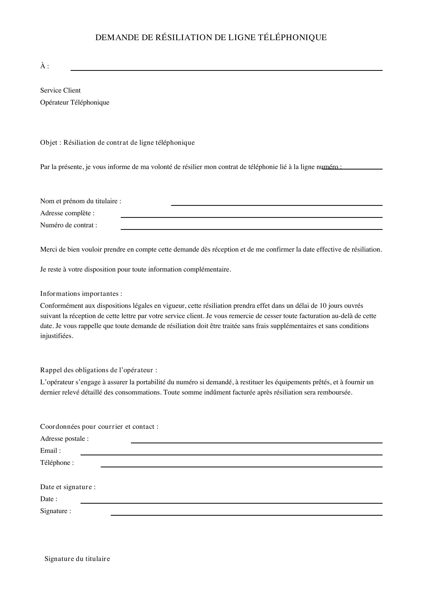Demande De Résiliation De Ligne Téléphonique