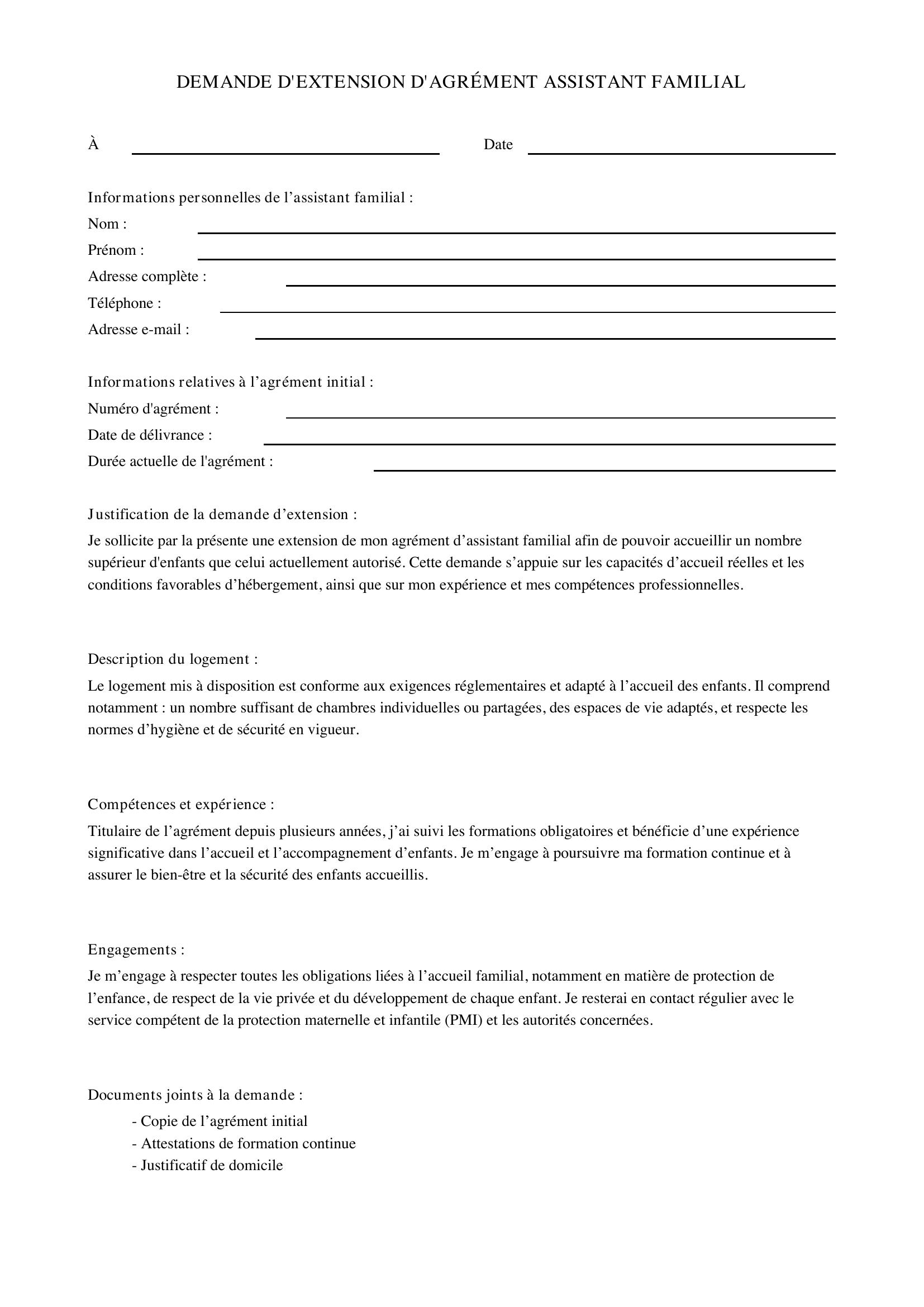 Demande D'Extension D'Agrément Assistant Familial