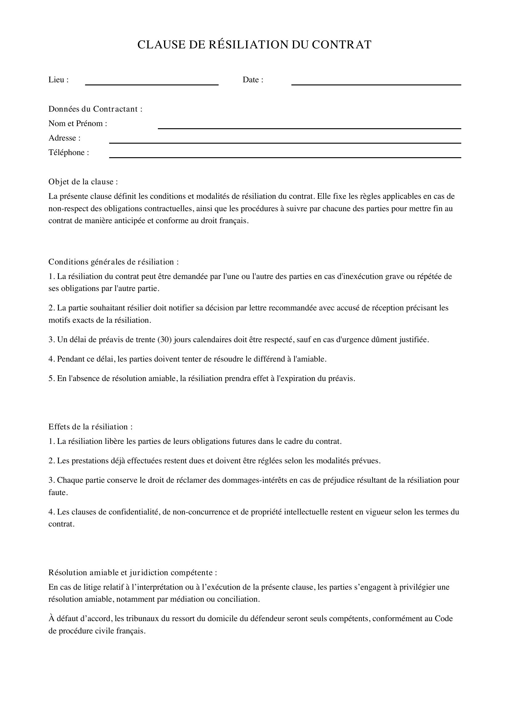 Exemple Clause Résiliation Contrat
