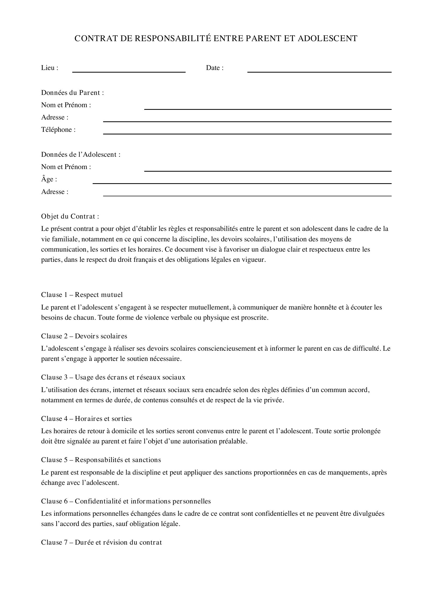 Exemple Contrat Parent Adolescent