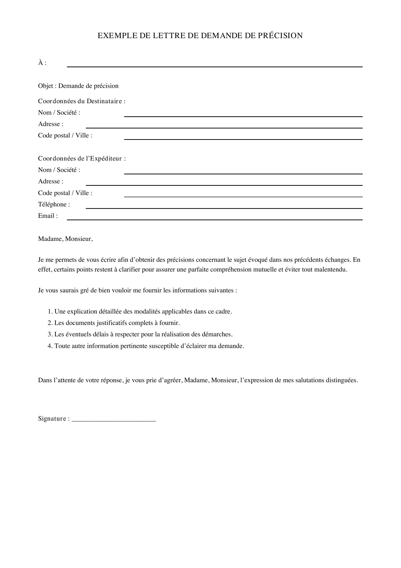 Exemple De Lettre De Demande De Précision