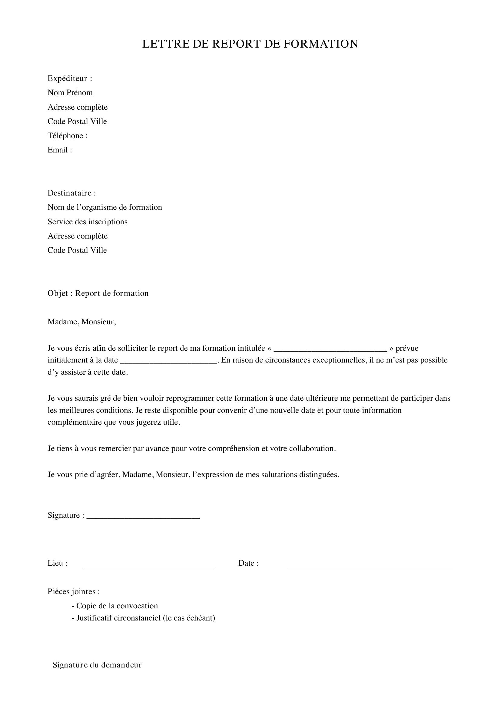 Exemple De Lettre De Report De Formation