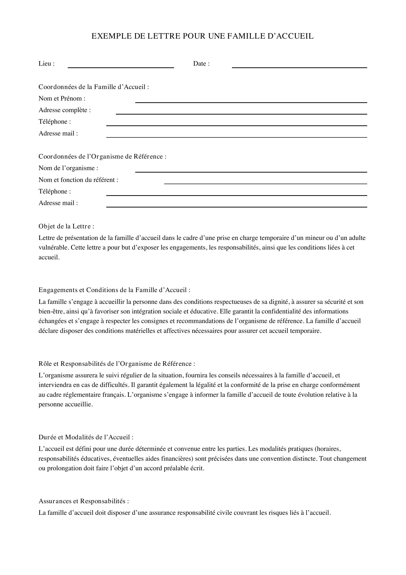 Exemple De Lettre Pour Une Famille D'Accueil