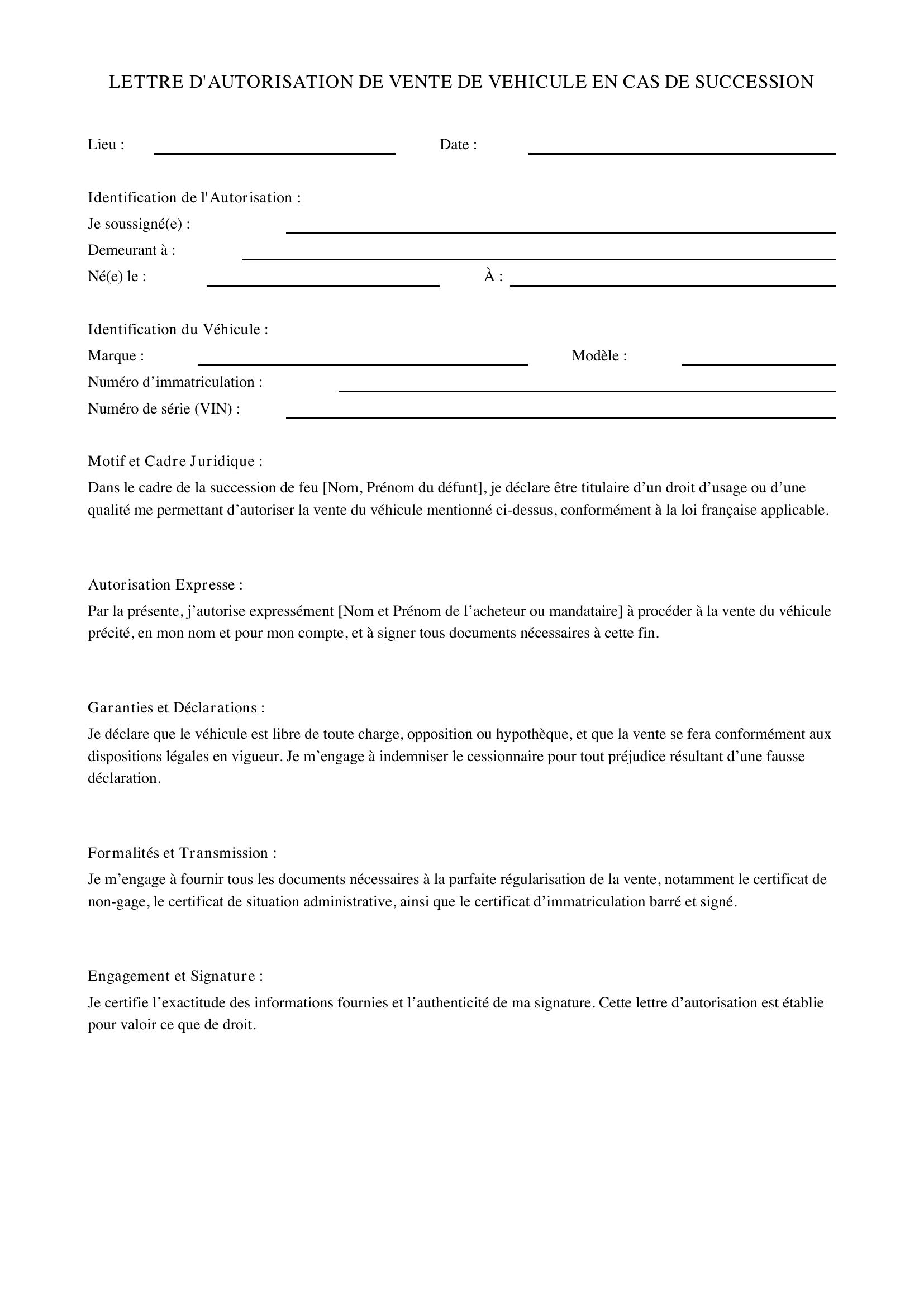 Lettre Autorisation Vente Véhicule Succession