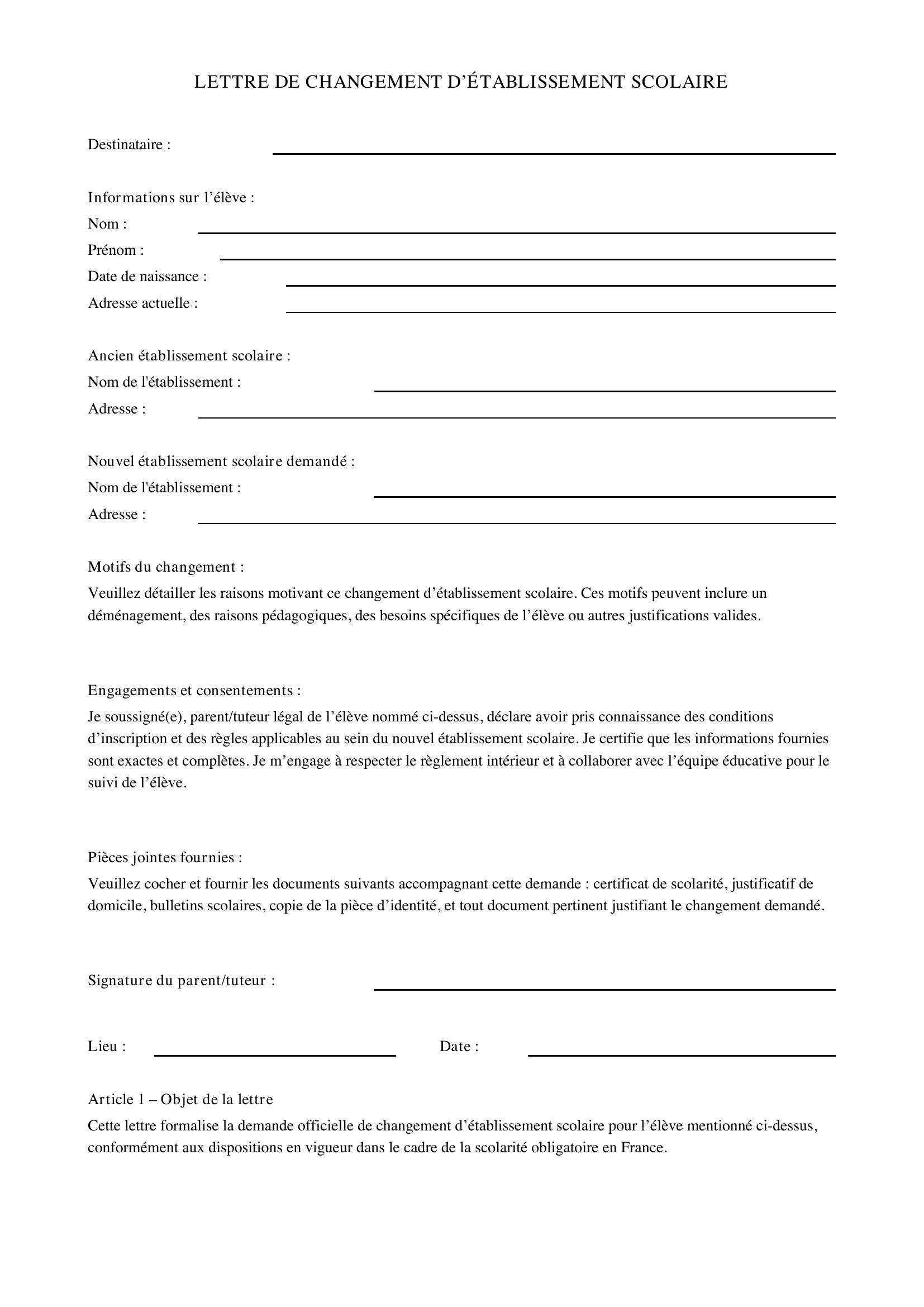 Lettre De Changement D'Établissement Scolaire