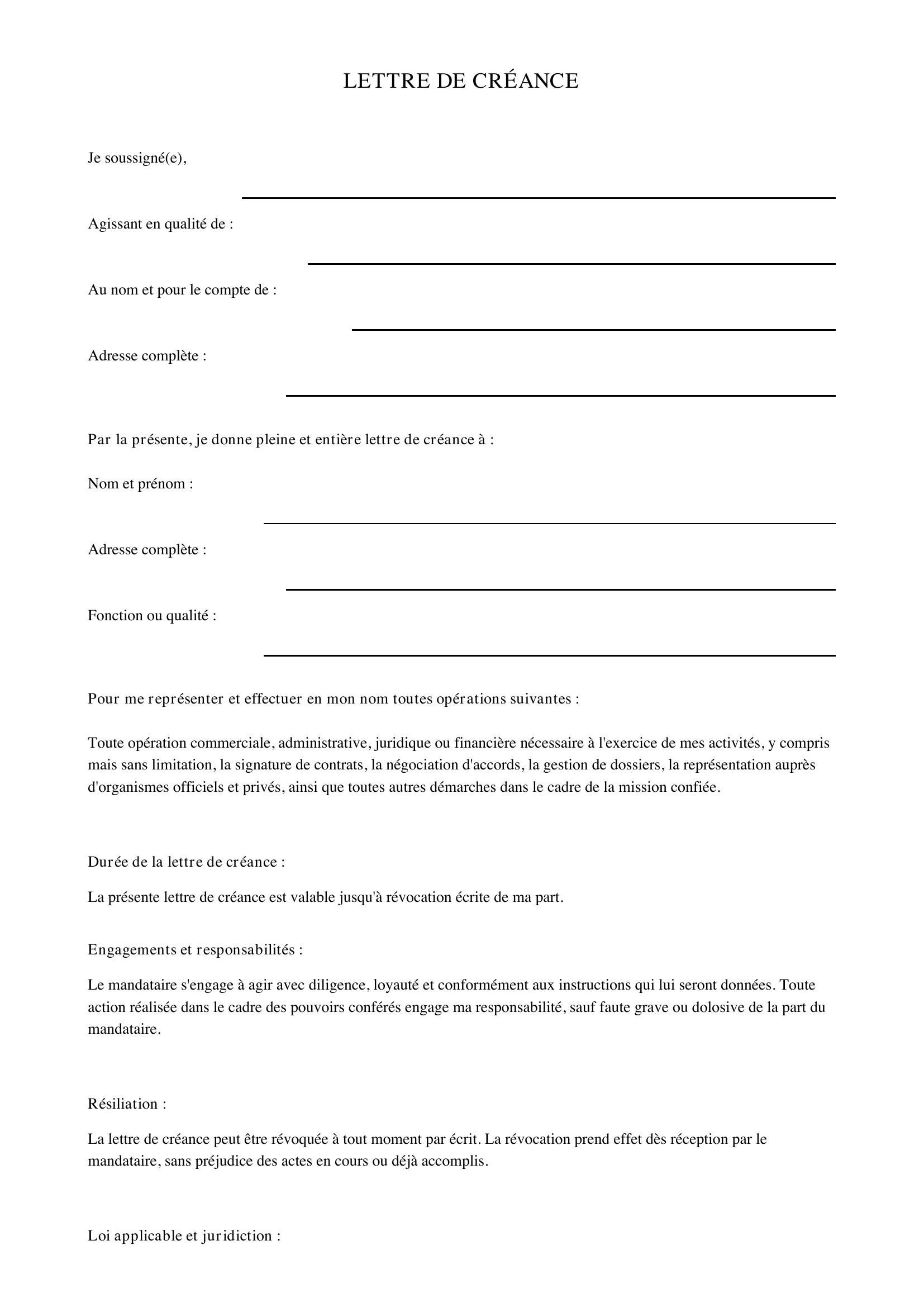 Lettre De Créance Exemple