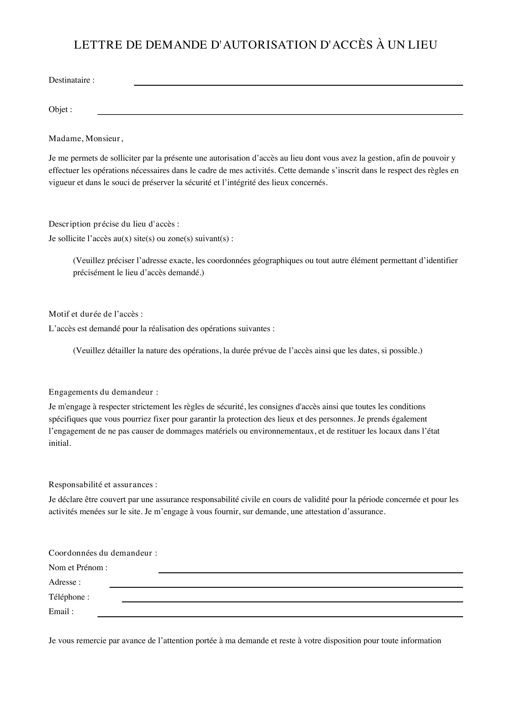 Lettre De Demande D'Autorisation D'Accès À Un Lieu