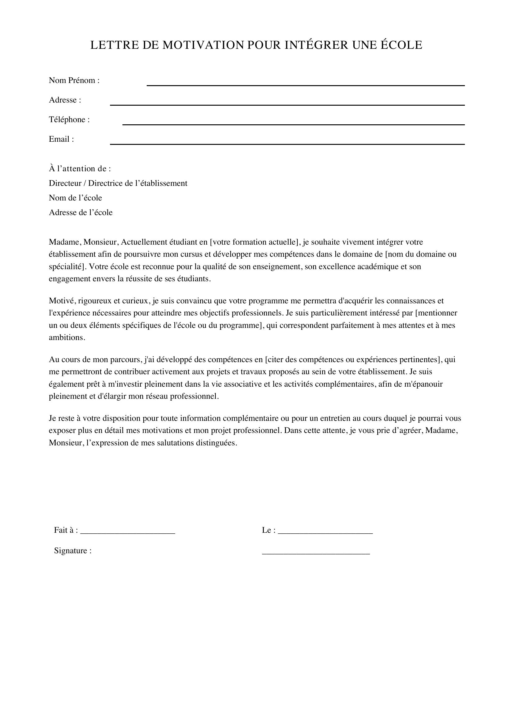 Lettre De Motivation Étudiant Pour Entrer Dans Une École
