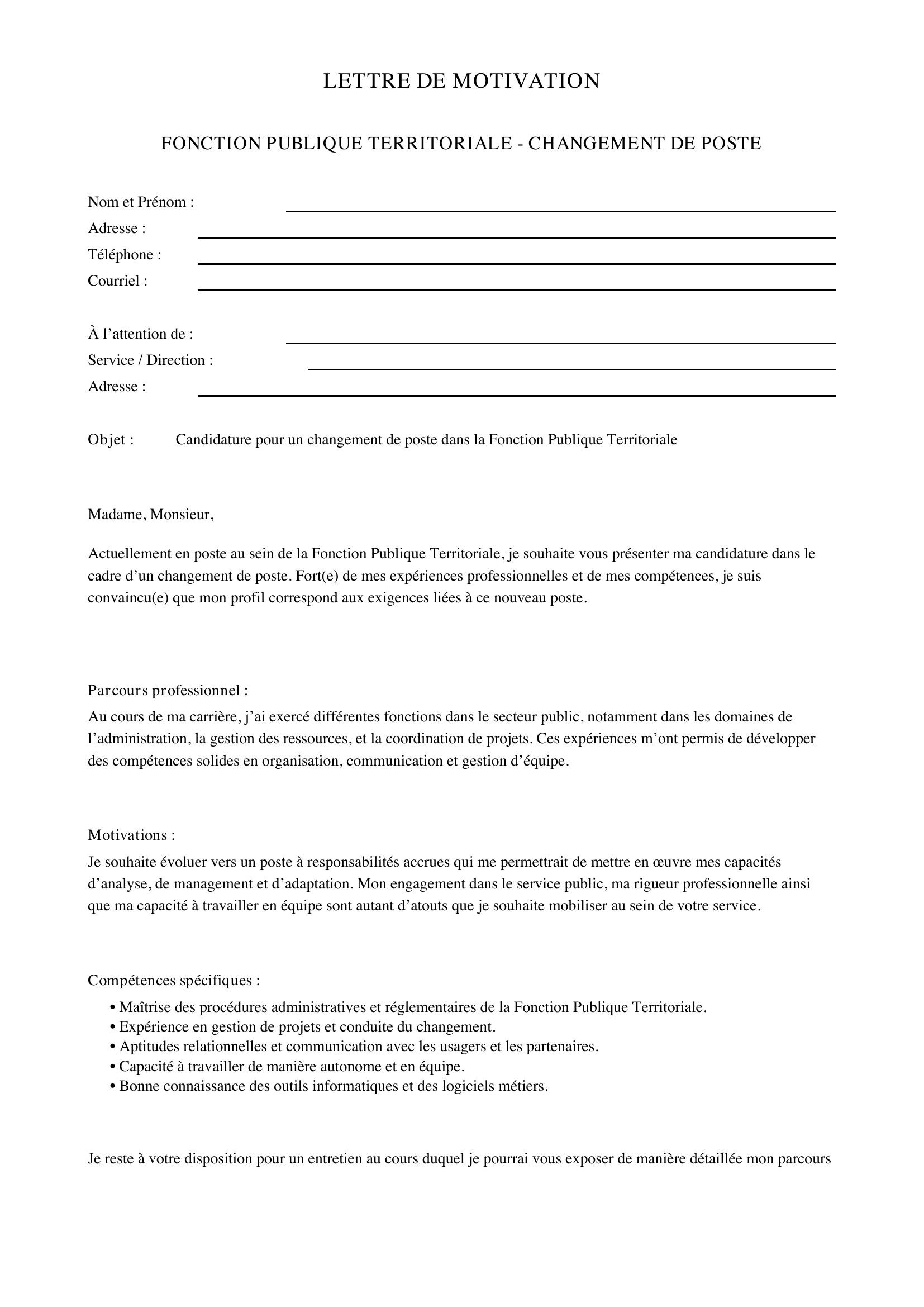 Lettre De Motivation Fonction Publique Territoriale Changement De Poste