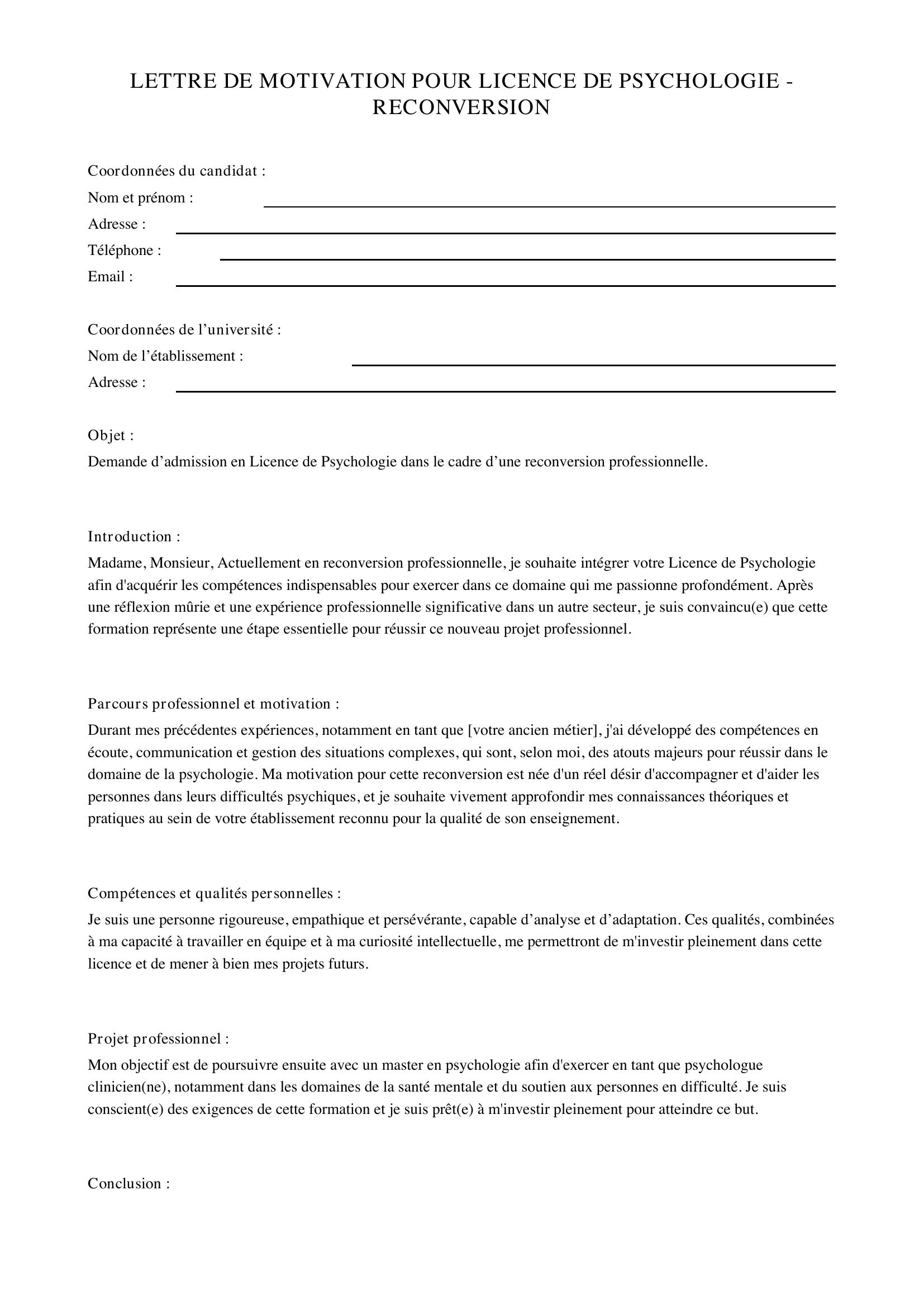 Lettre De Motivation Licence Psychologie Reconversion