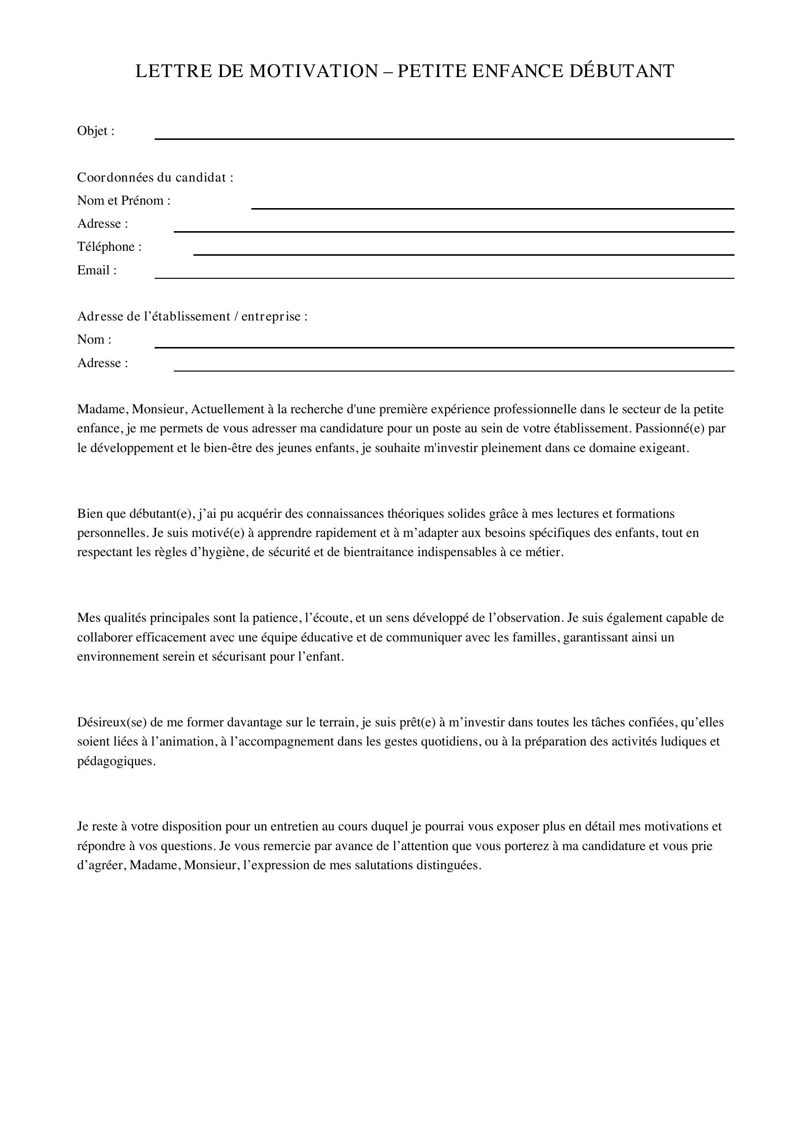 Lettre De Motivation Petite Enfance Débutant