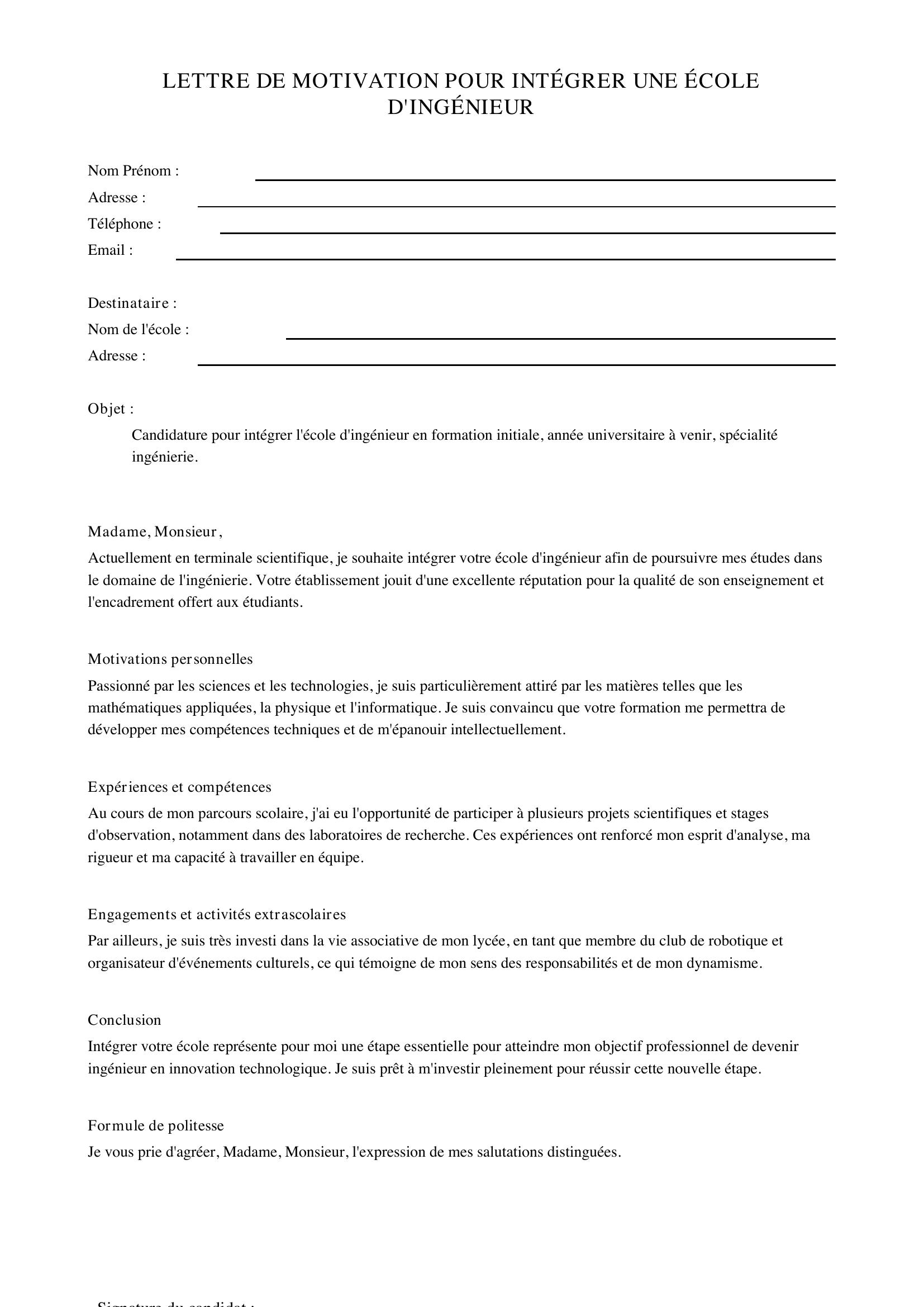 Lettre De Motivation Pour Intégrer Une École D'Ingénieur