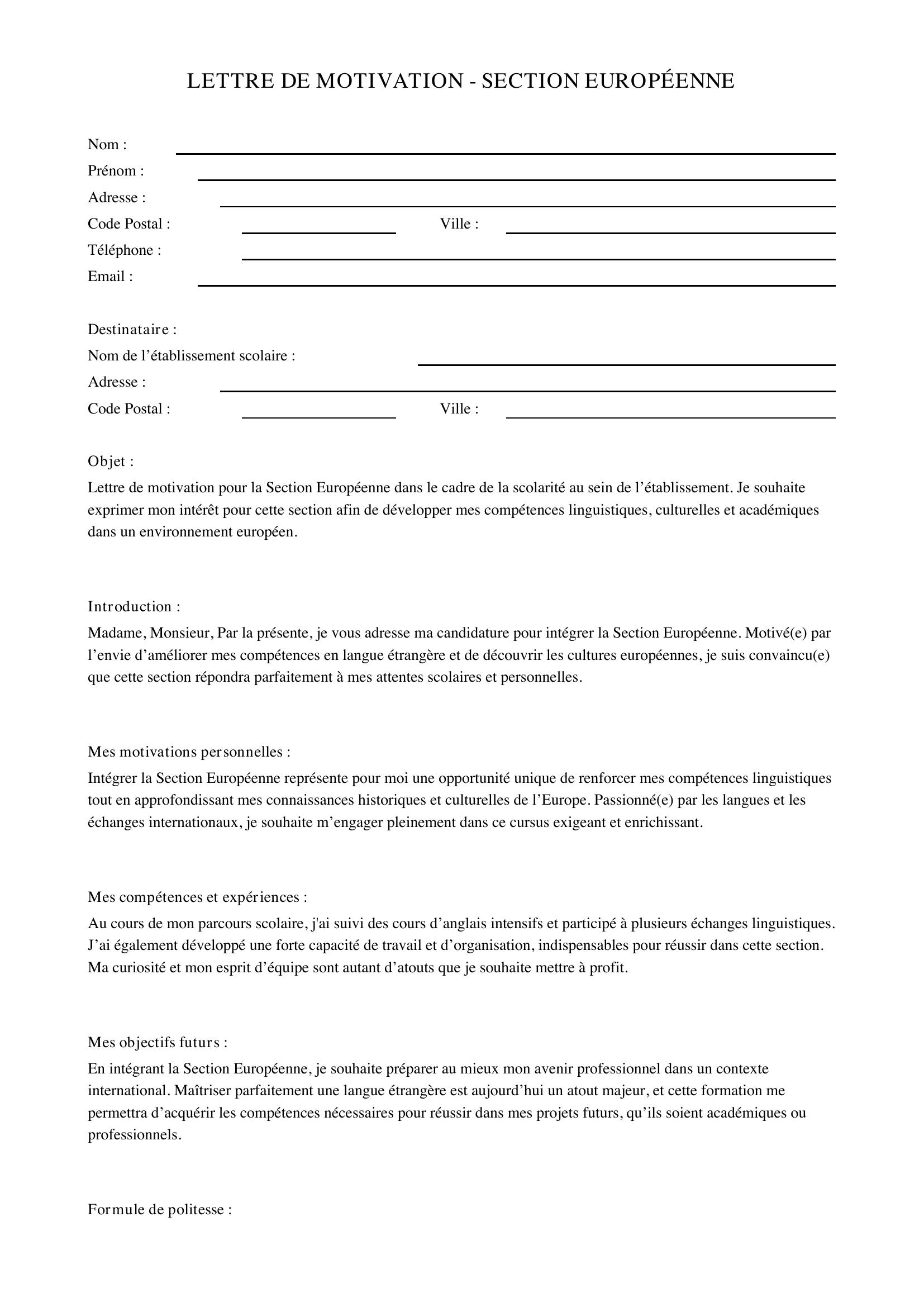 Lettre De Motivation Section Européenne