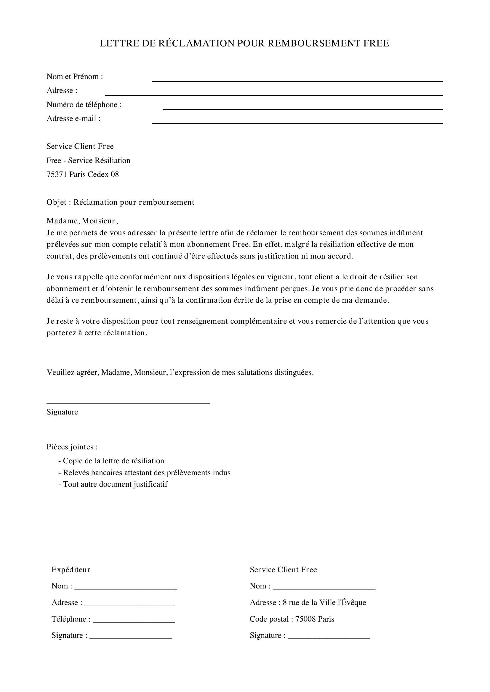 Lettre De Réclamation Remboursement Free