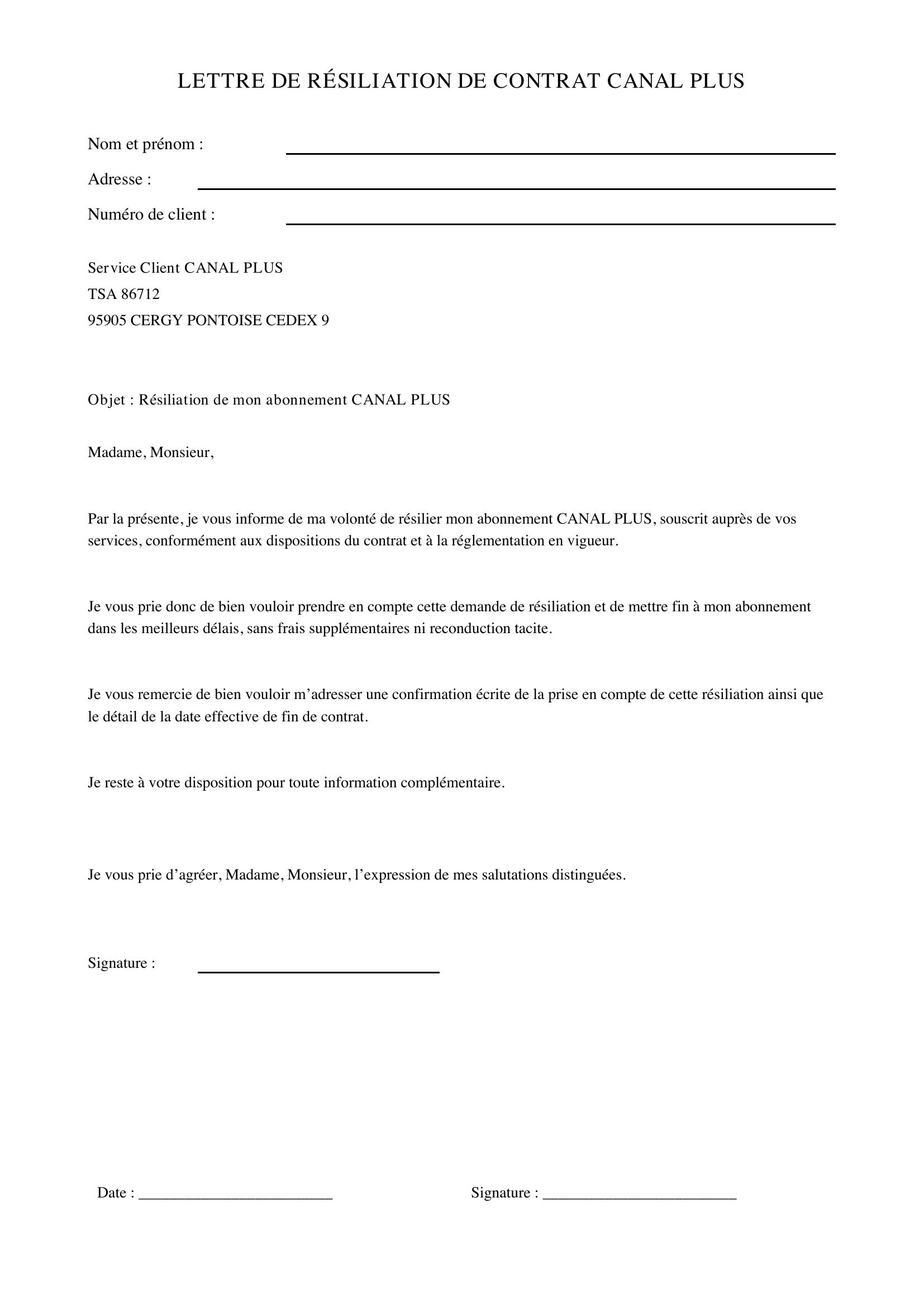 Lettre De Résiliation Canal Plus