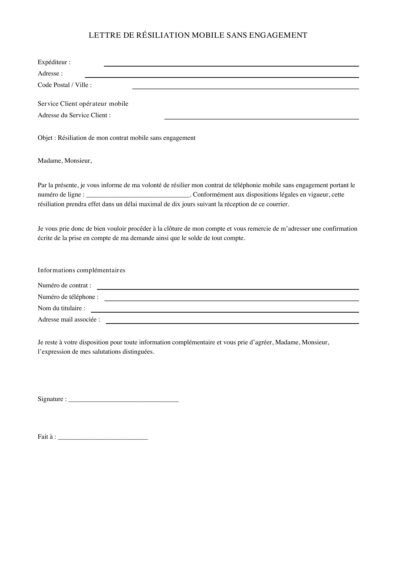 Lettre De Résiliation Mobile Sans Engagement