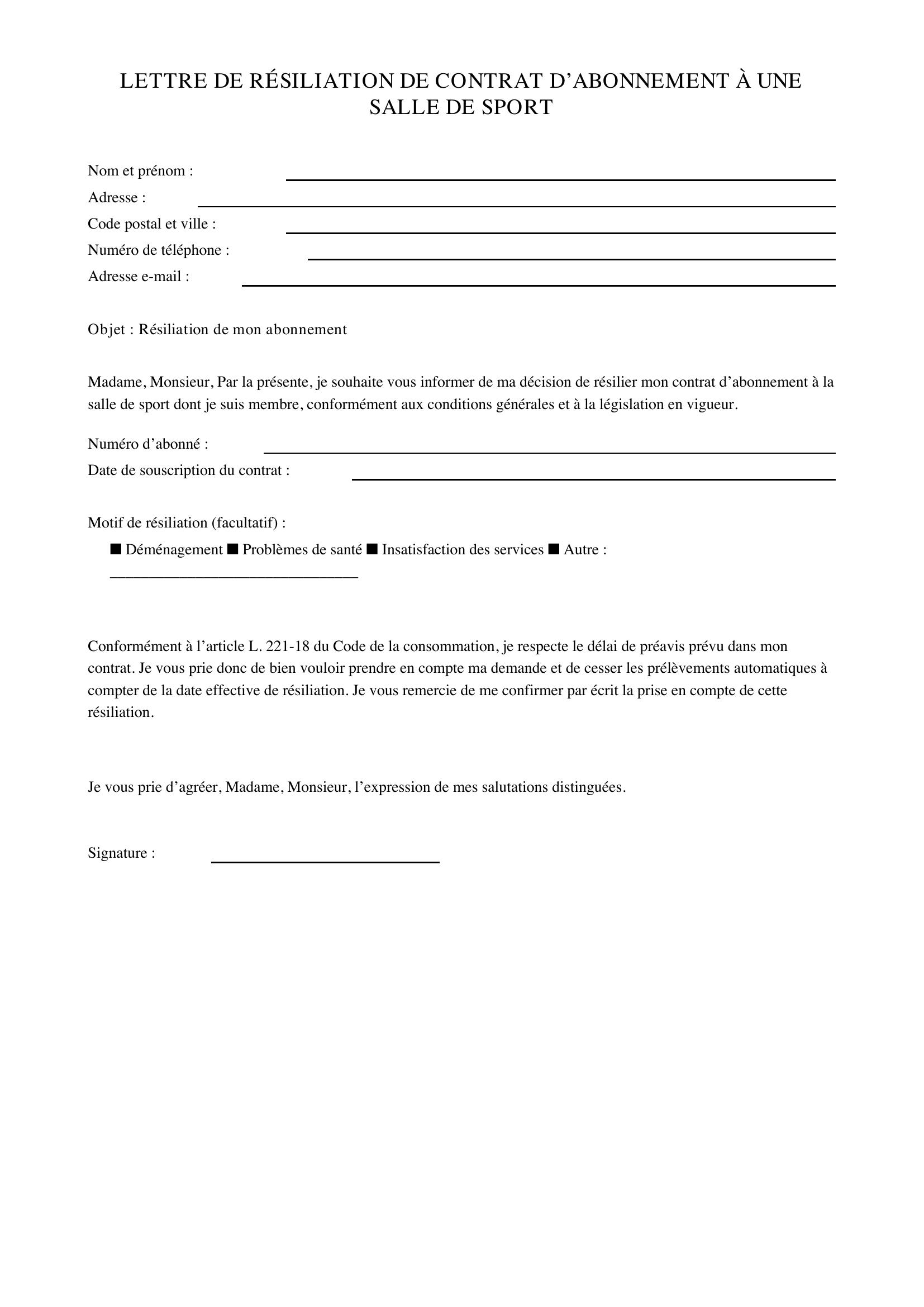 Lettre De Résiliation Salle De Sport