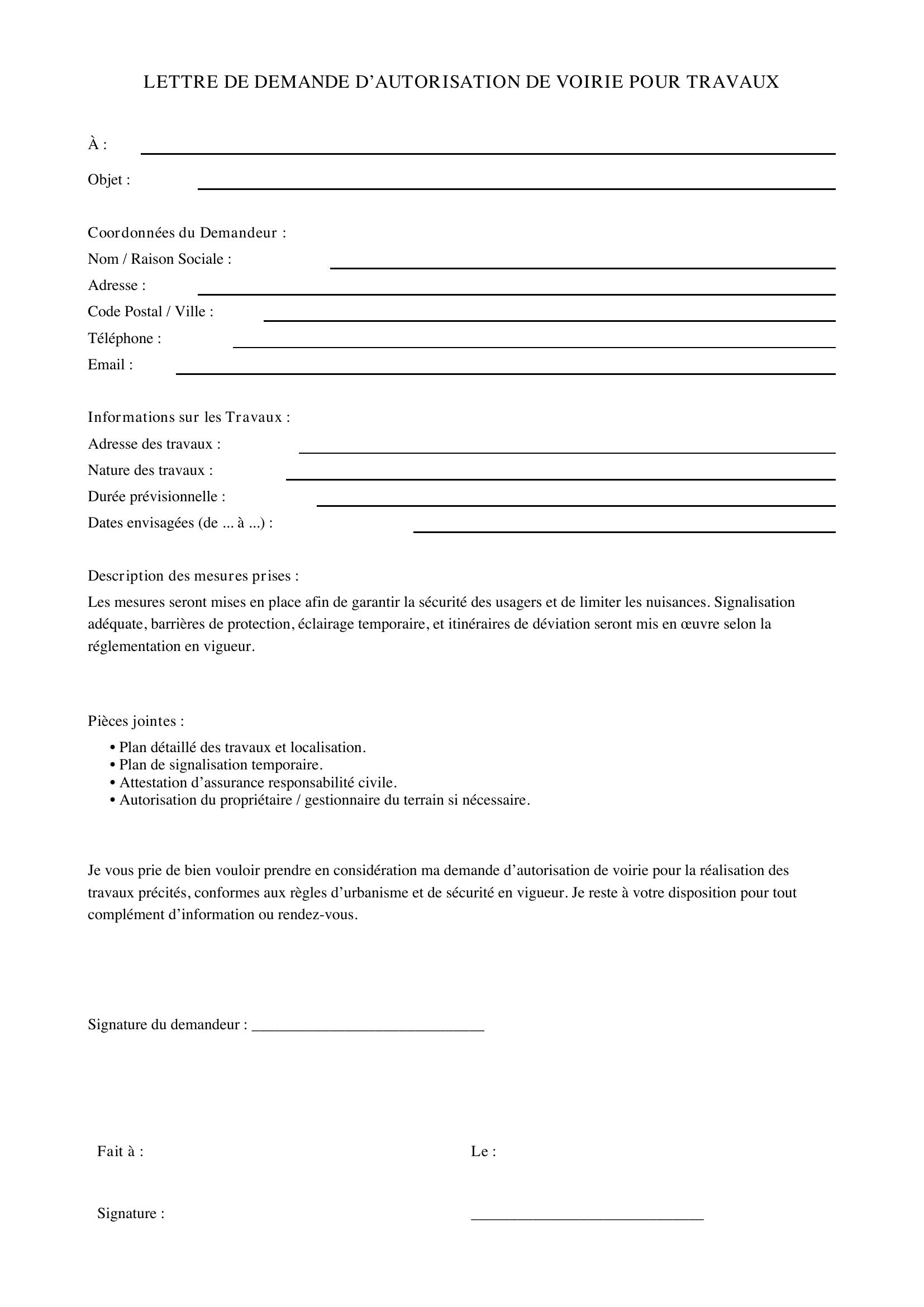 Lettre Demande D'Autorisation De Voirie Pour Travaux