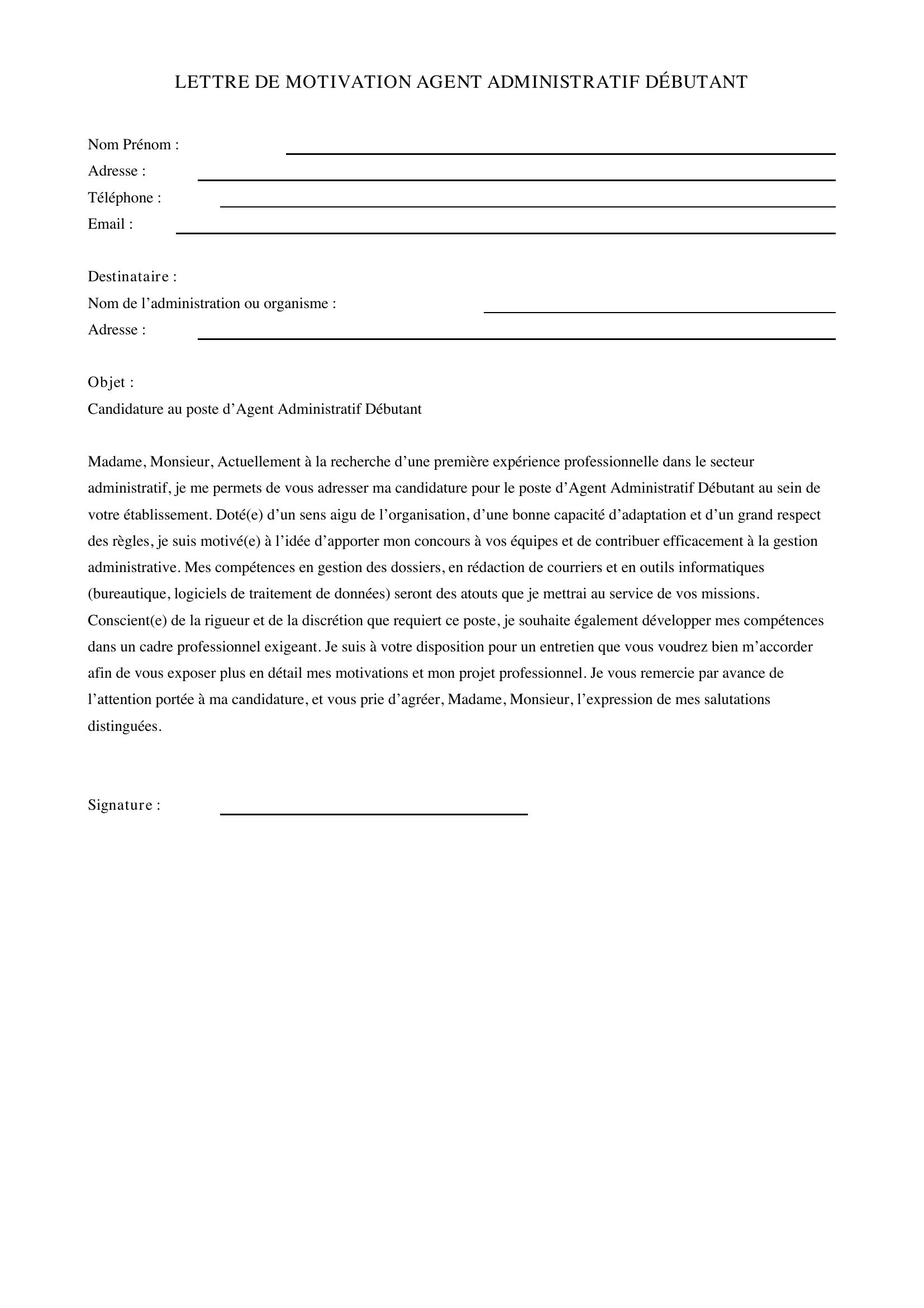 Lettre Motivation Agent Administratif Débutant