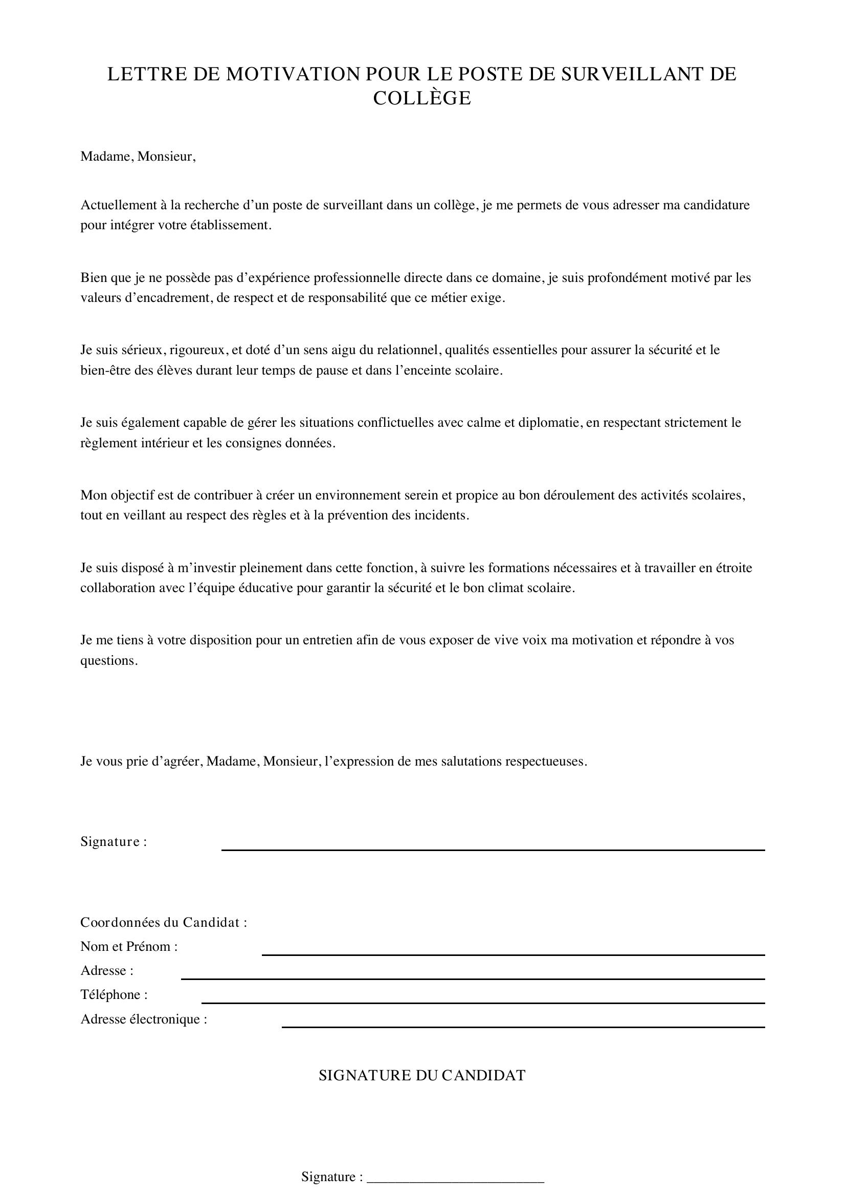 Lettre Motivation Surveillant Collège Sans Expérience
