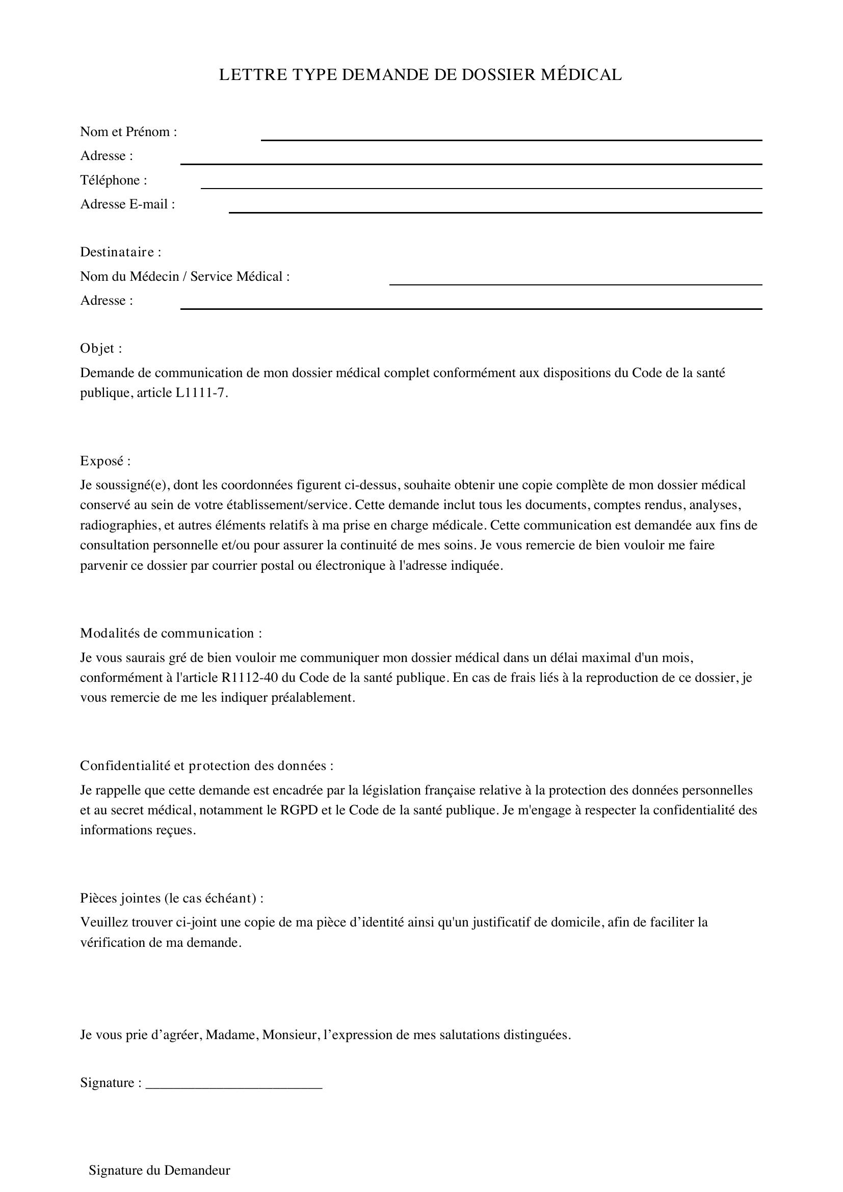 Lettre Type Demande Dossier Médical