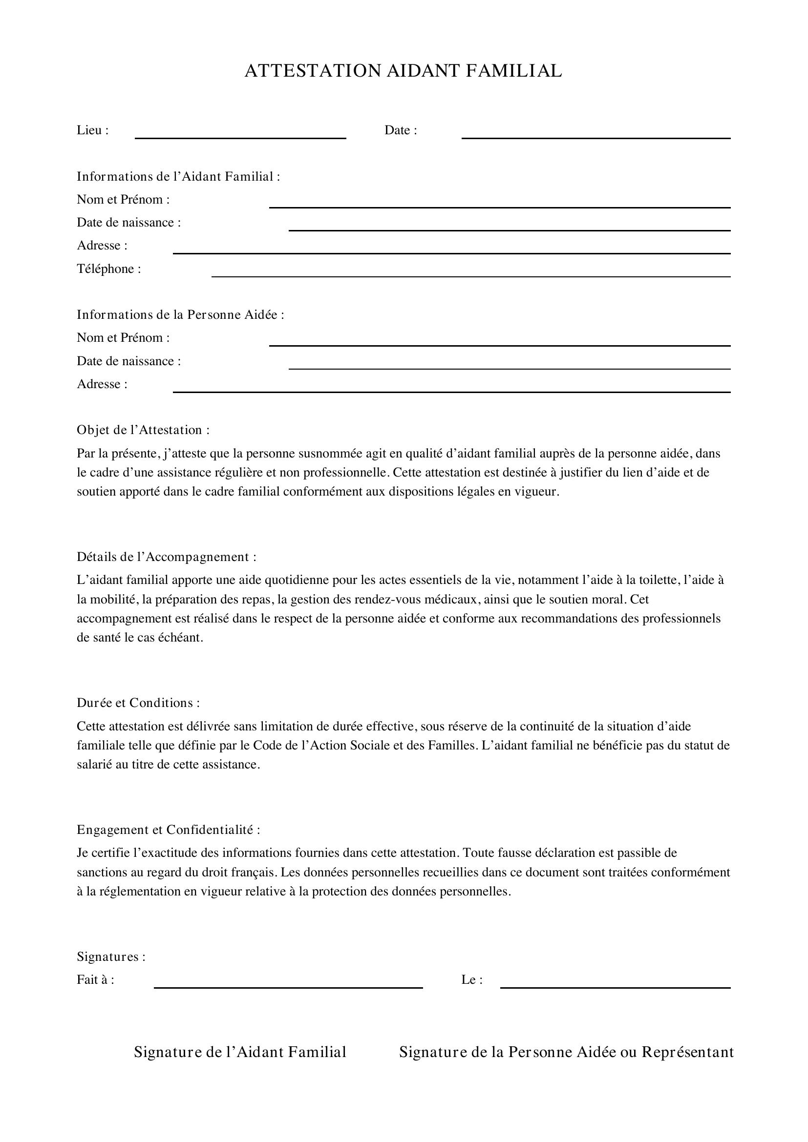 Modèle Attestation Aidant Familial