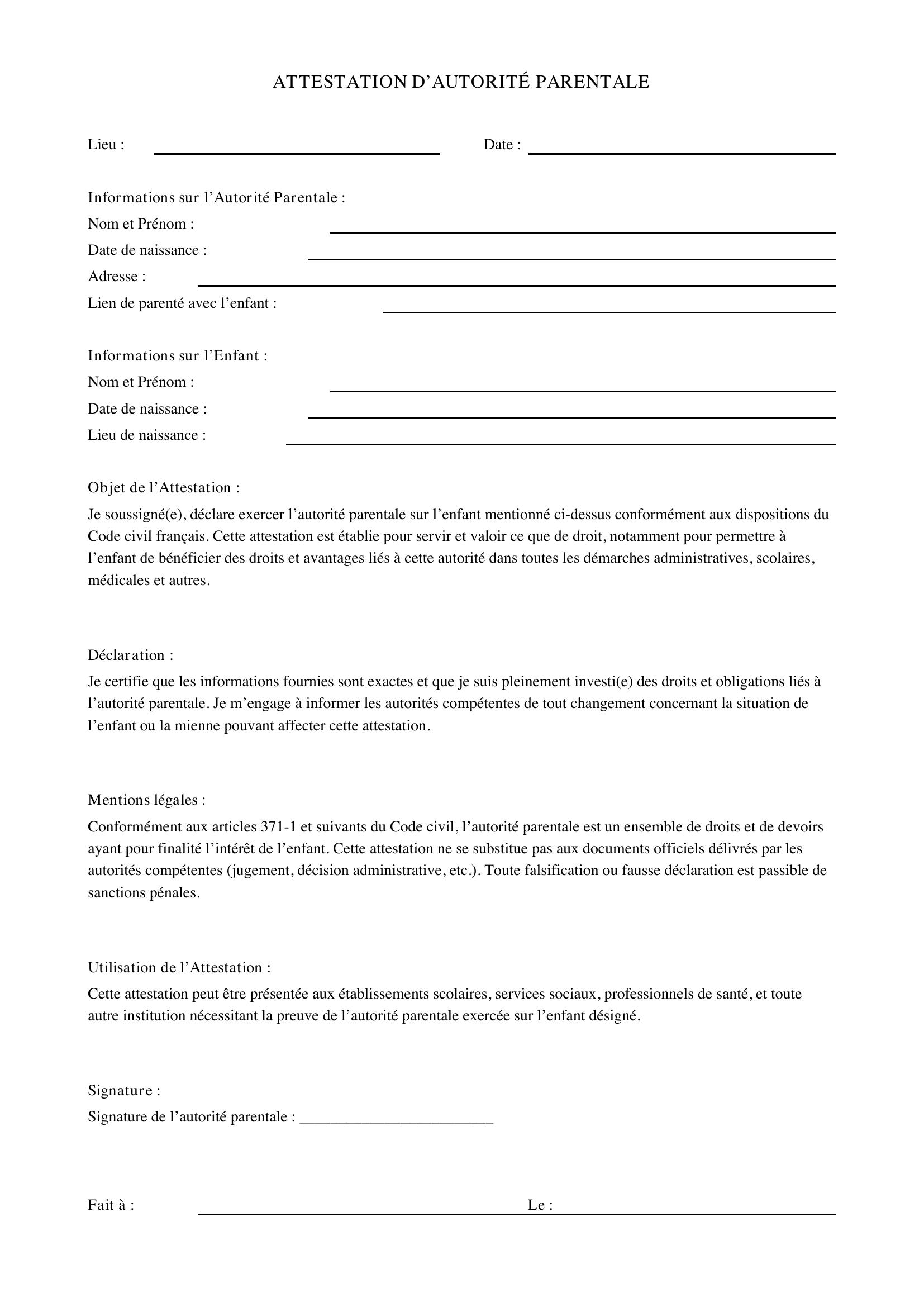 Modele Attestation D'Autorité Parentale