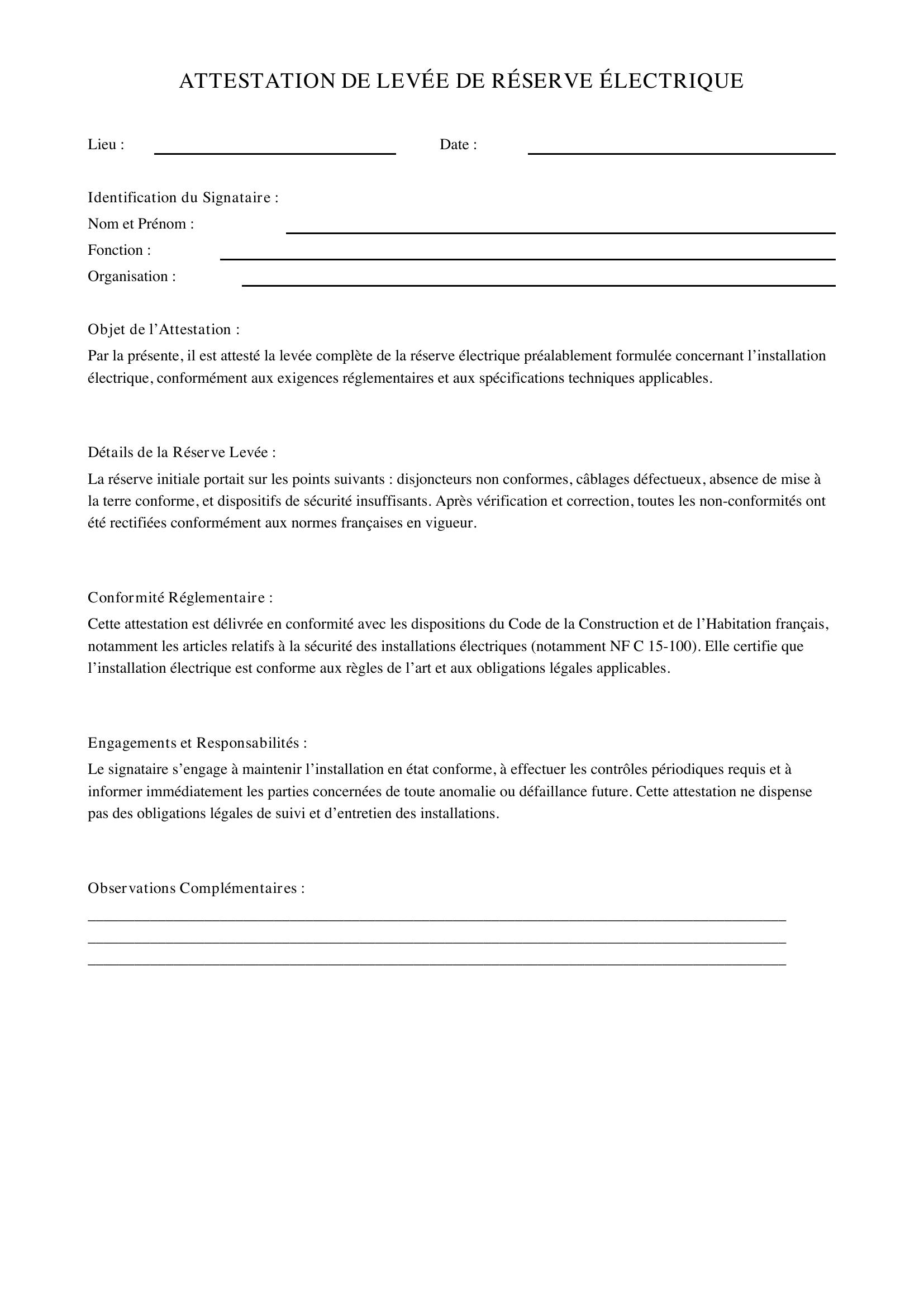 Modèle Attestation De Levée De Réserve Électrique