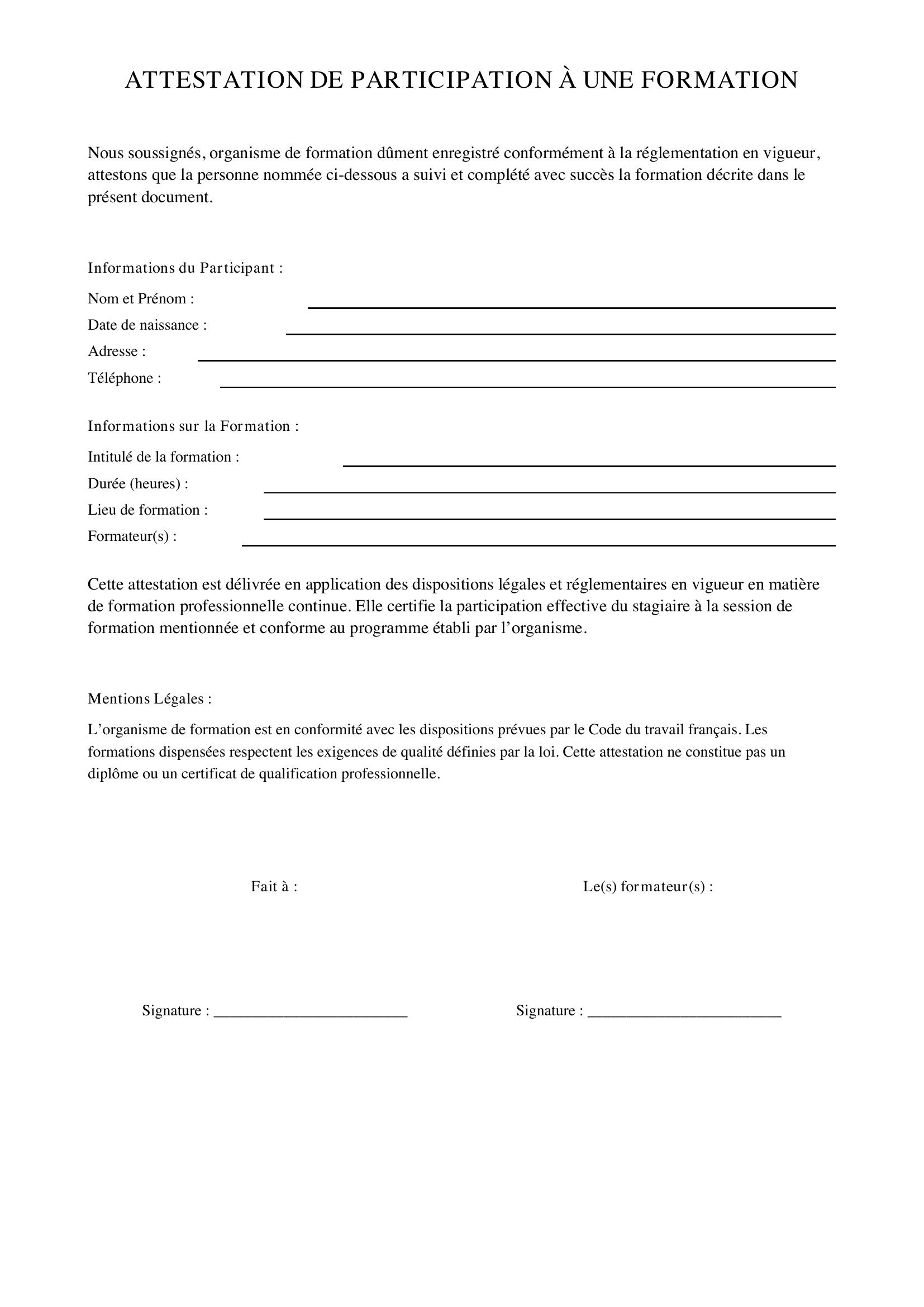 Modèle Attestation De Participation À Une Formation