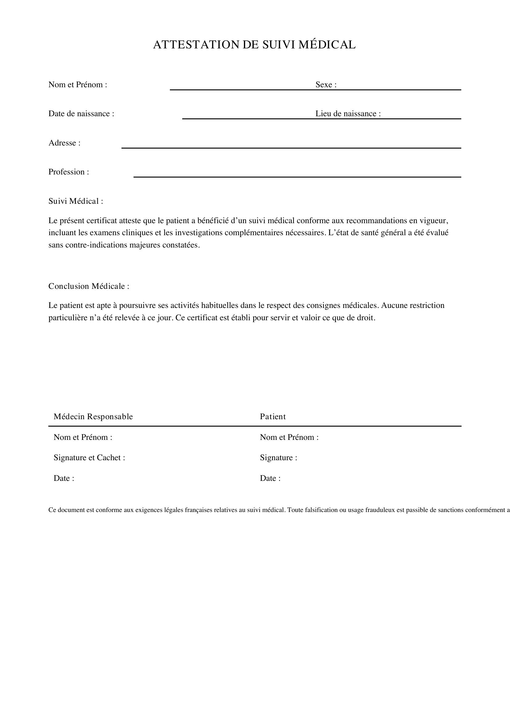 Modèle Attestation De Suivi Médical