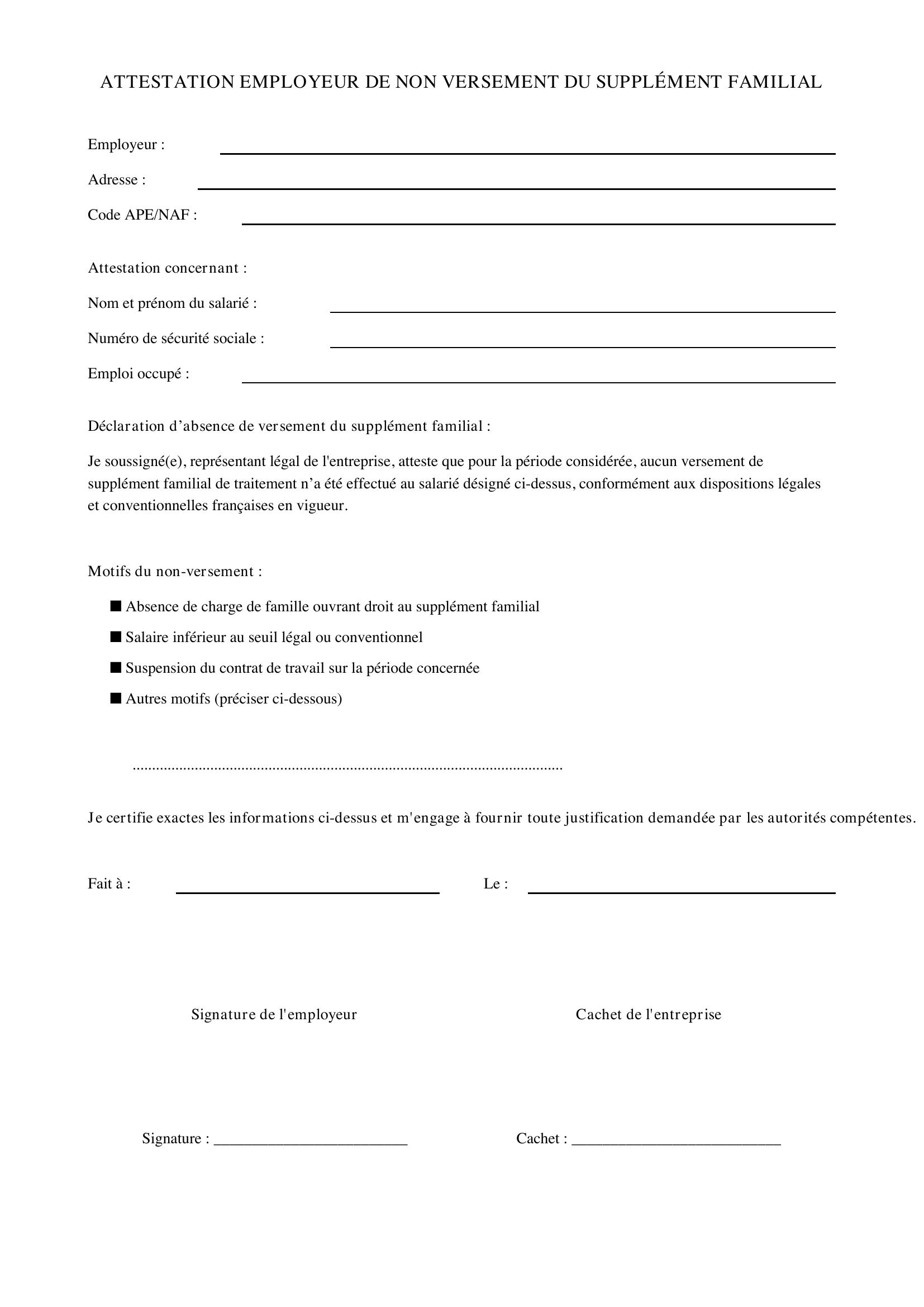 Modèle Attestation Employeur Non Versement Supplément Familial